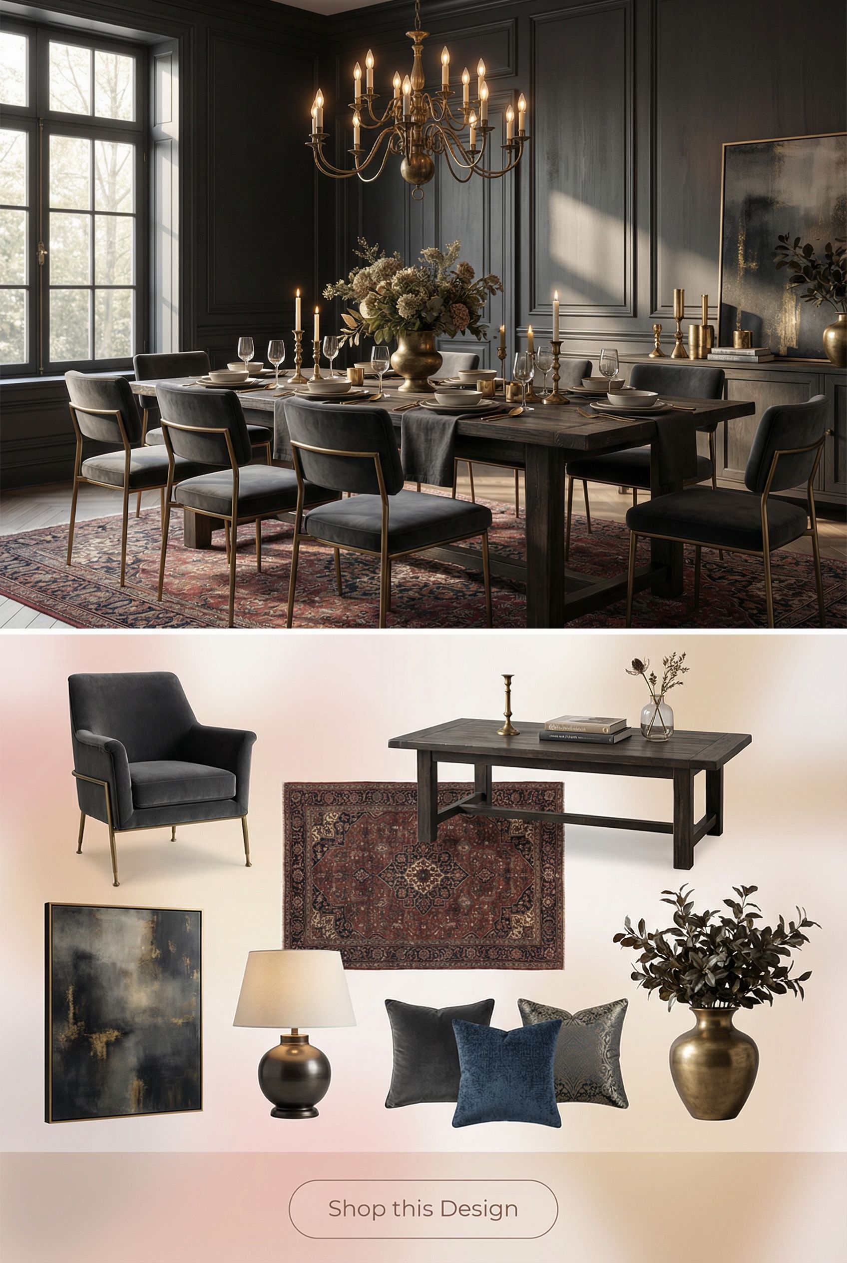 Moody French Dining Space with Charcoal Paneling and Antique Brass Fixtures