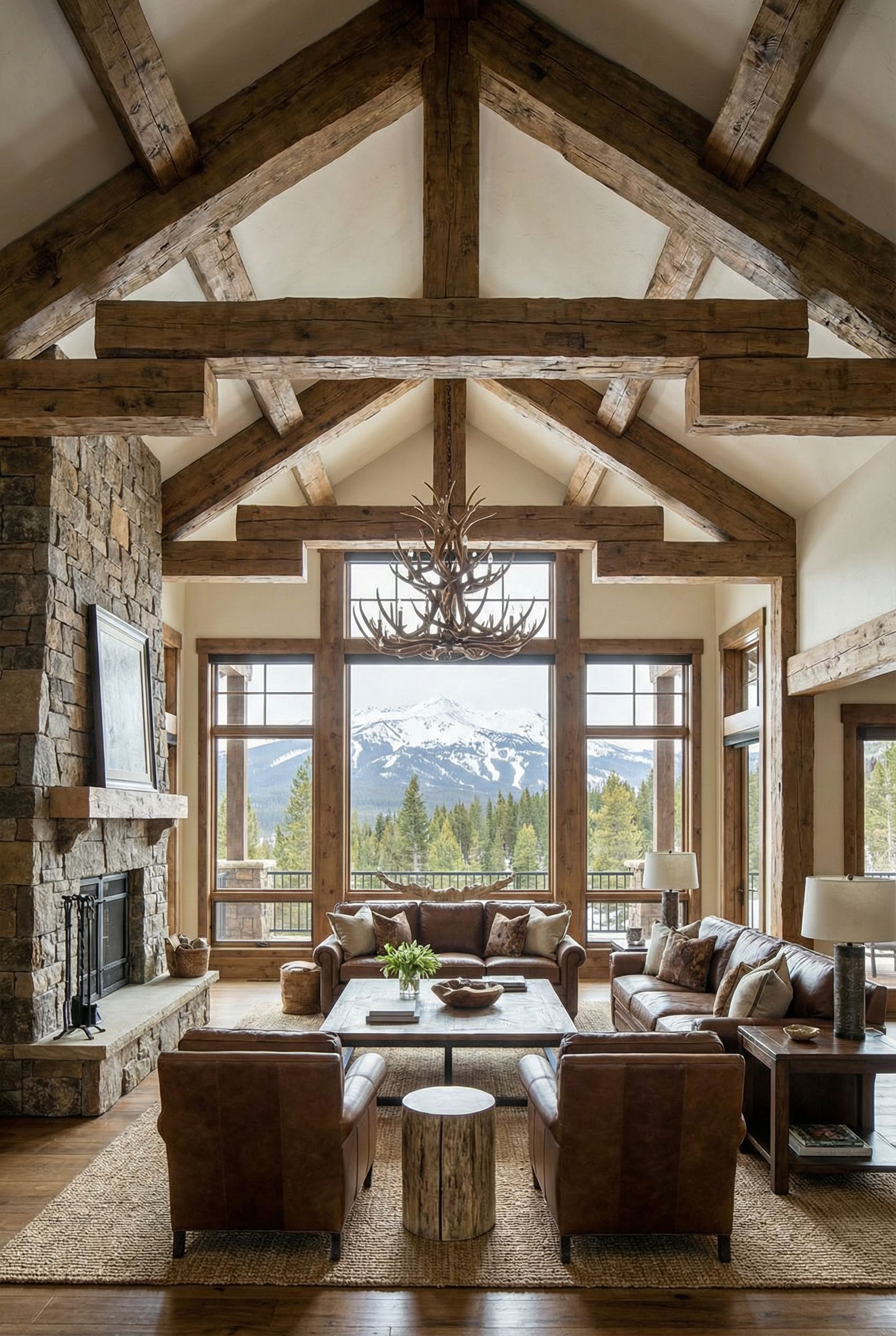 Mountain Estate Luxury Great Room with Timber Beams