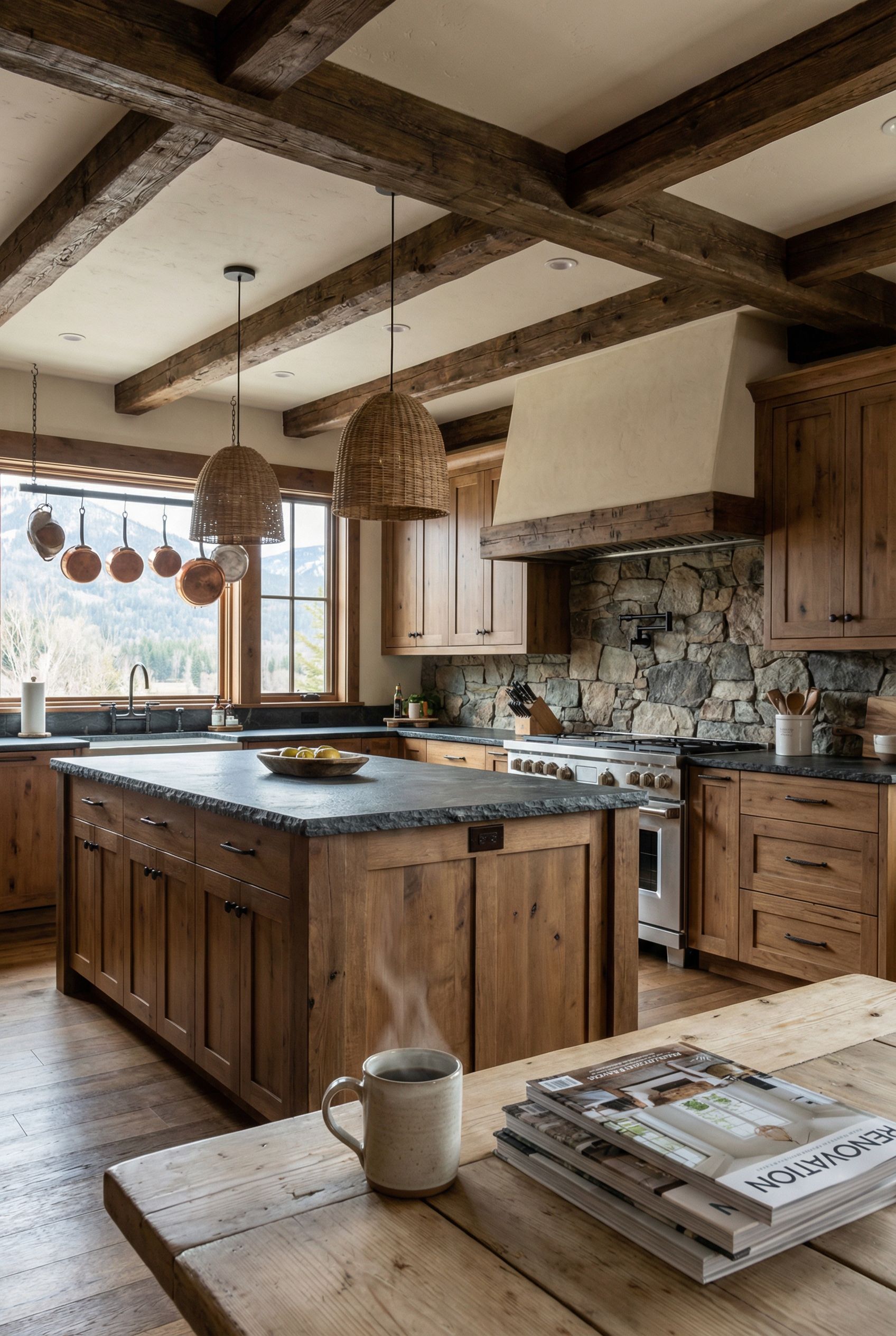 Mountain Rustic Kitchen Showcasing Natural Stone Backsplash