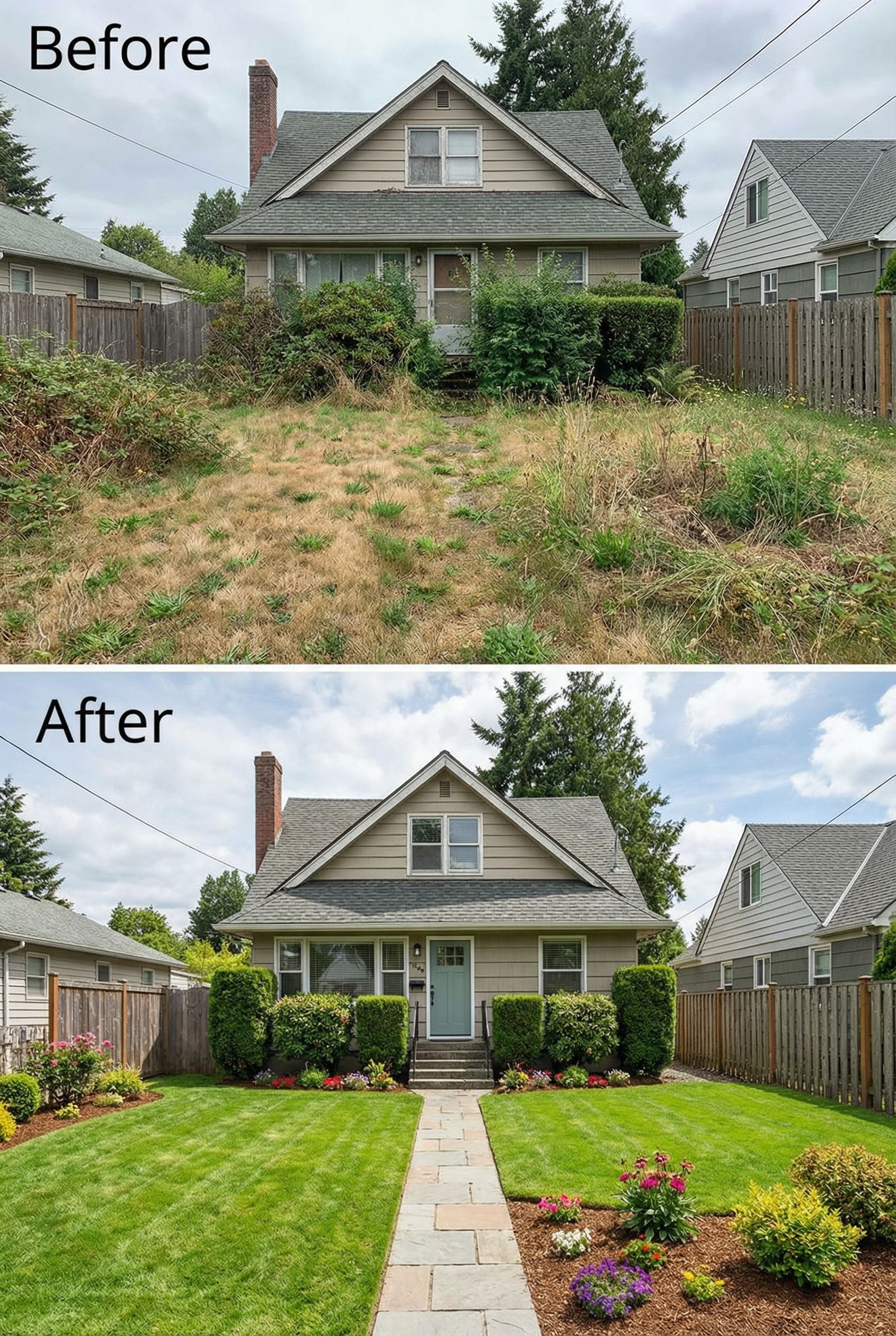 Muddy Sloped Front Yard → Terraced Rock Garden Showcase