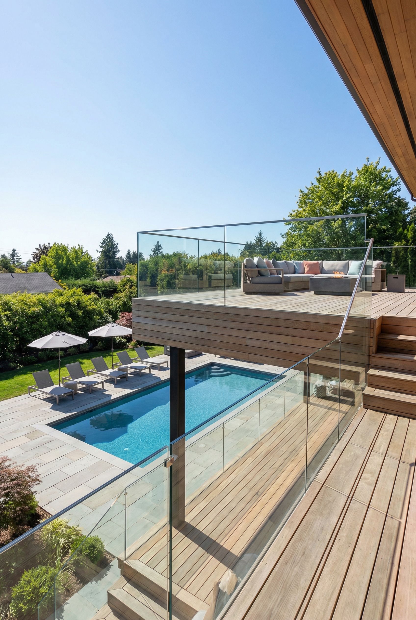 Multi-Level Deck with Glass Railings and Pool Terrace Lounge
