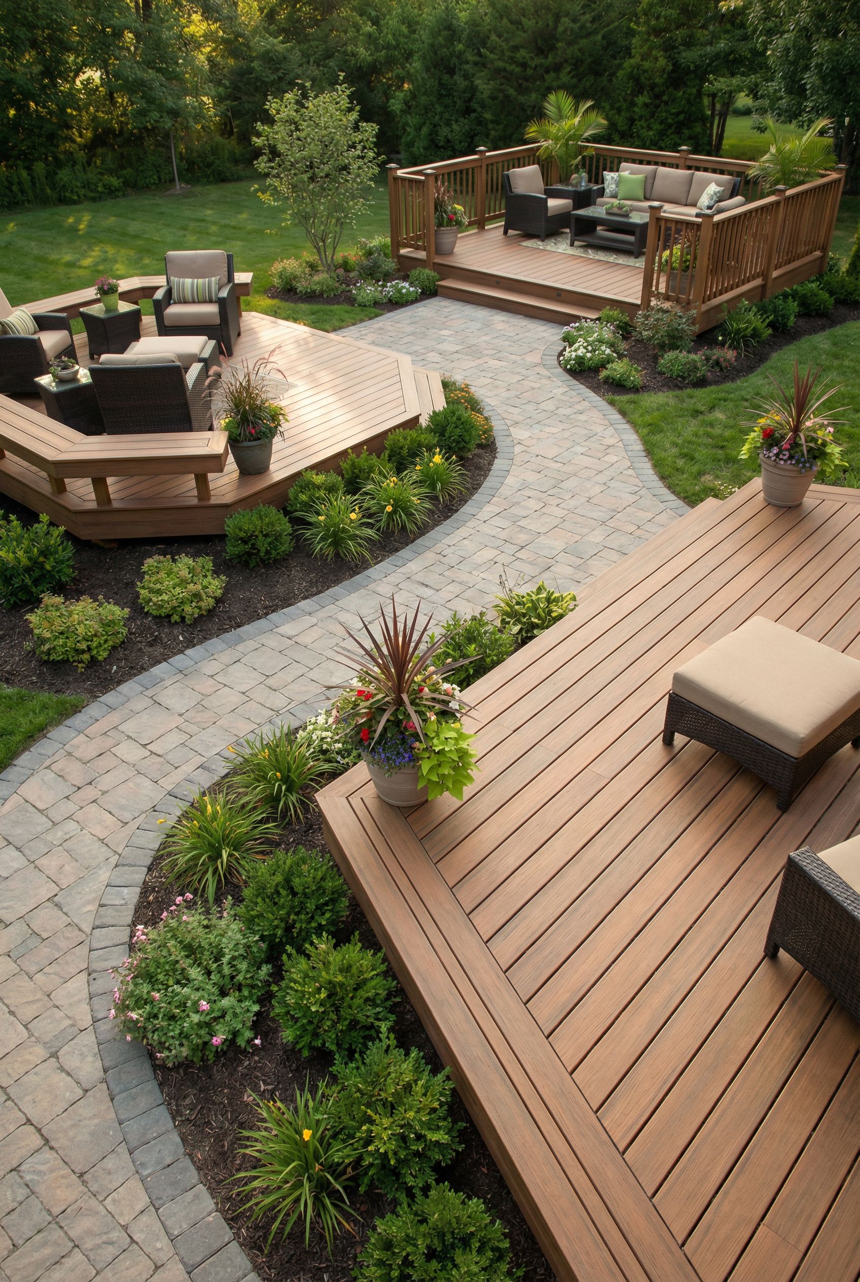Multi-Tier Deck with Garden Pathway Linking Lounge Platforms