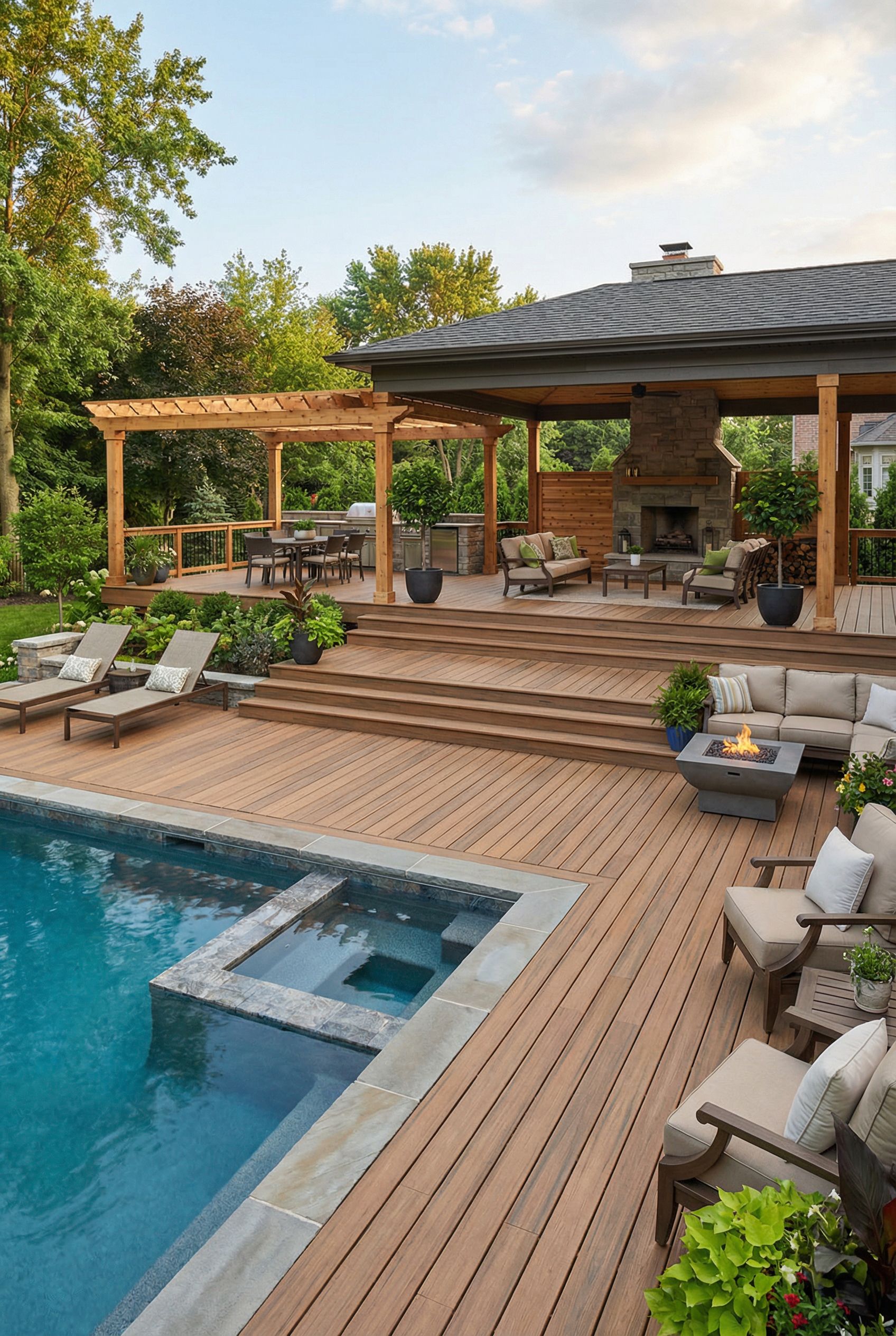Multi-Tier Deck with Poolside Lounge Level and Covered Seating Zone