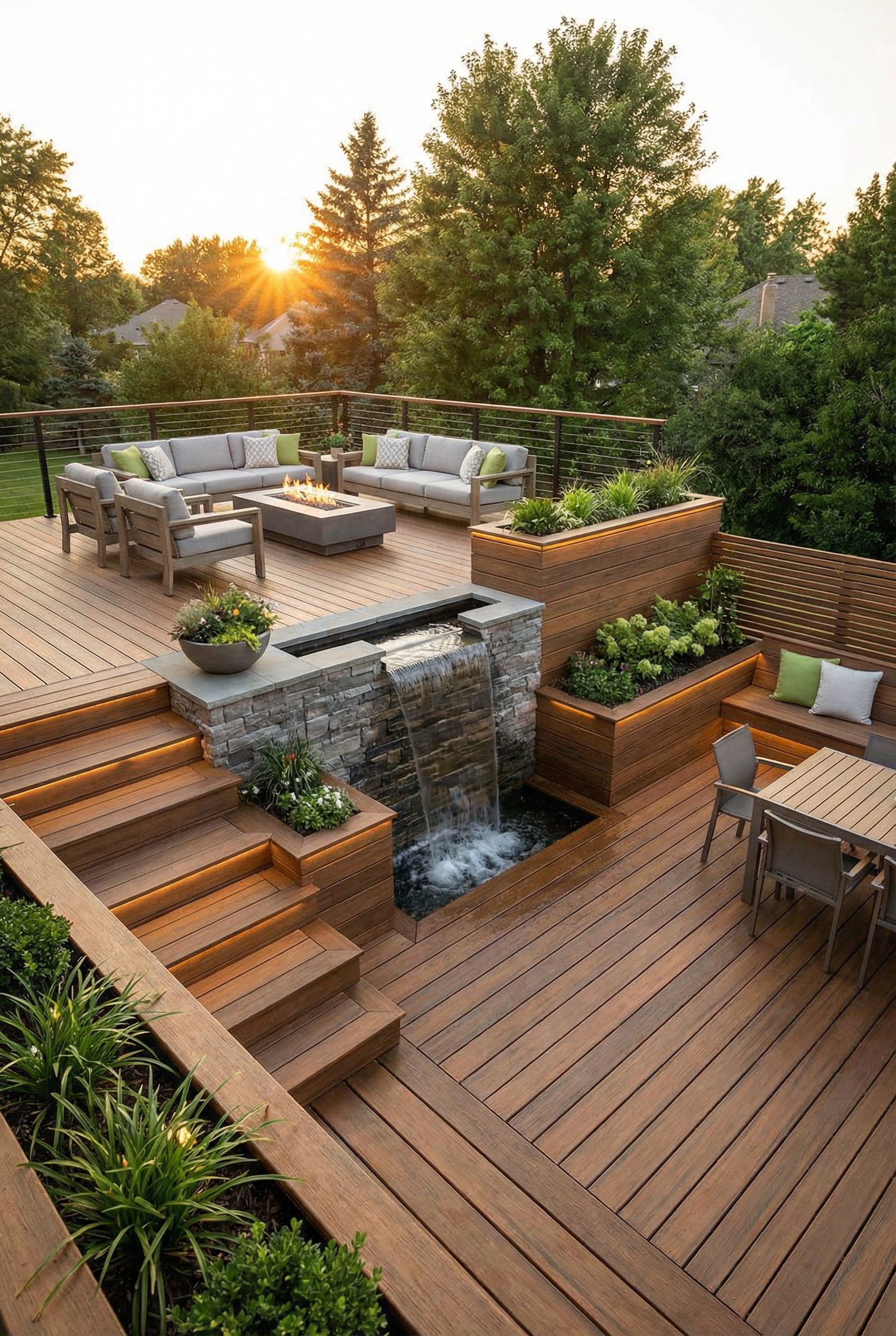Multi-Tier Deck with Waterfall Feature Between Lounge Levels