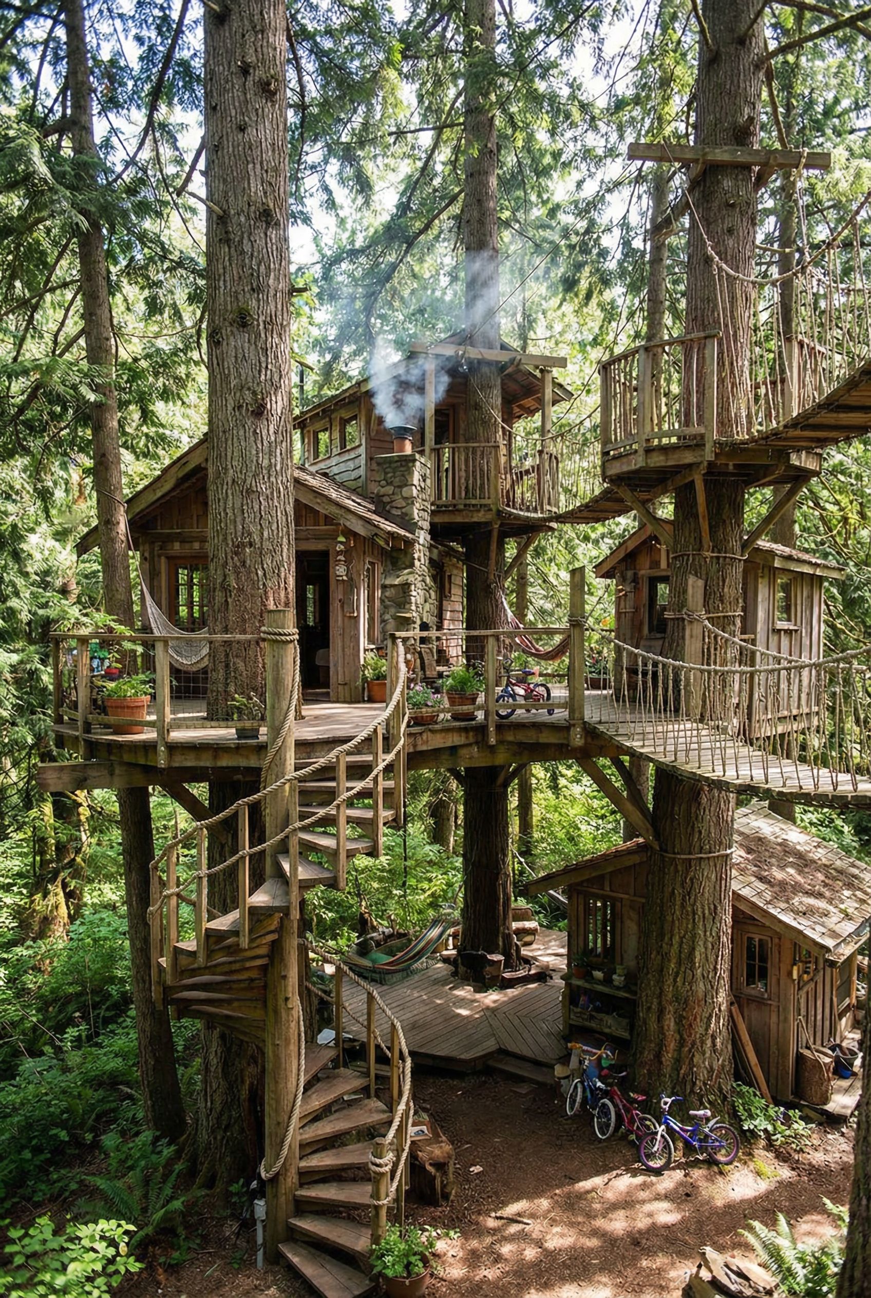 Multi-Tree Treehouse with Spiral Staircase Entry