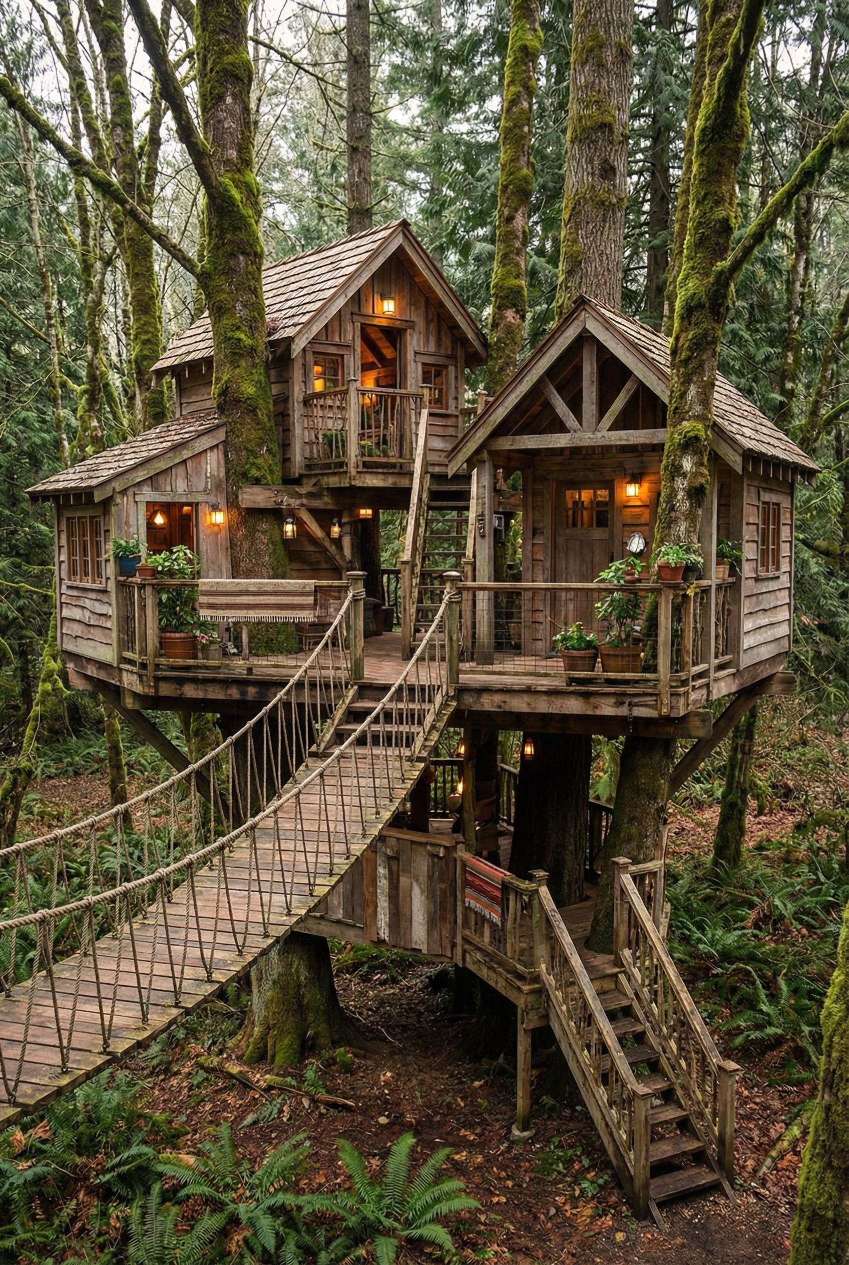 Multi-Tree Treehouse with Suspended Bridge Walkways