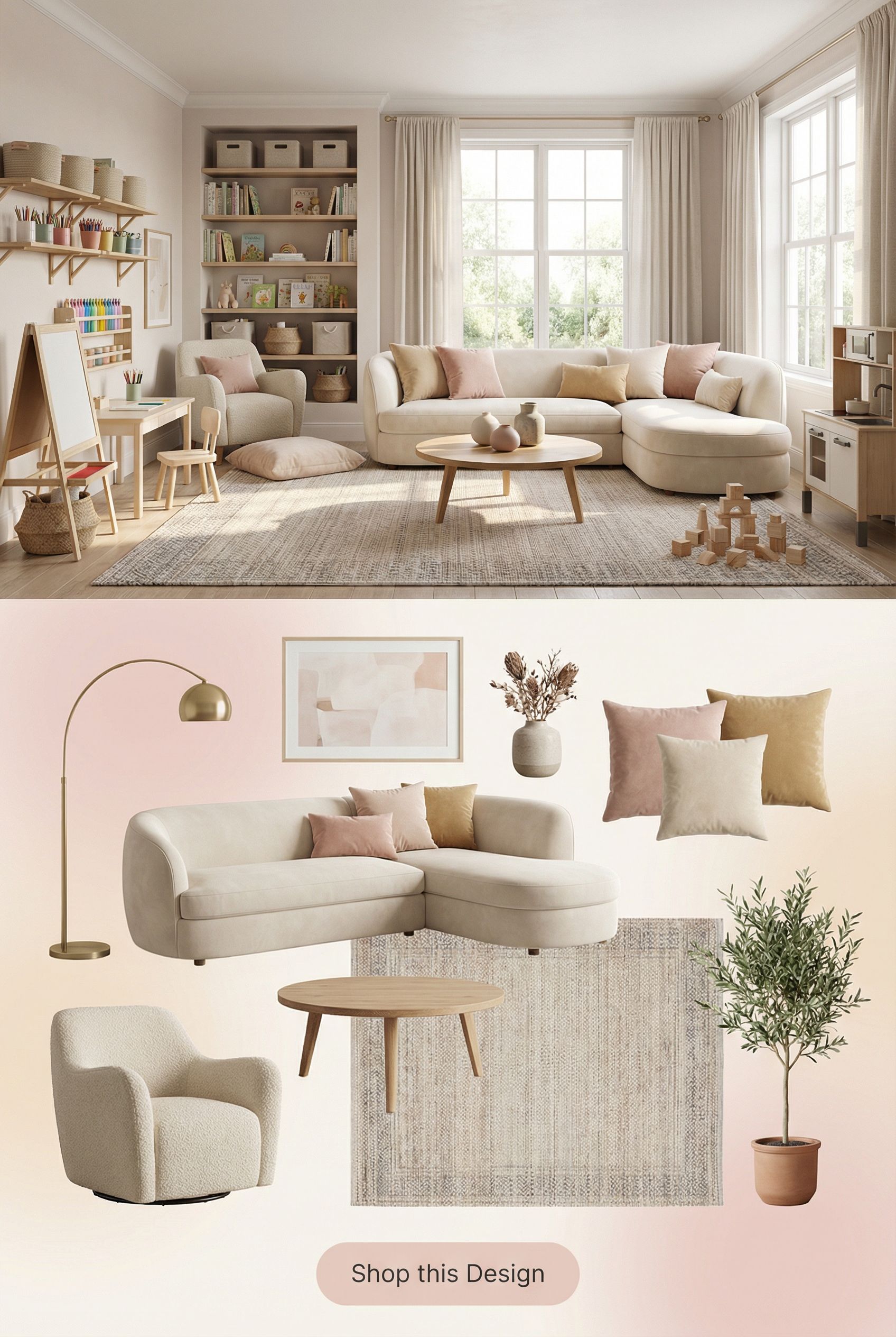 Multi-Zone Playroom with Labeled Storage Stations and Activity Centers