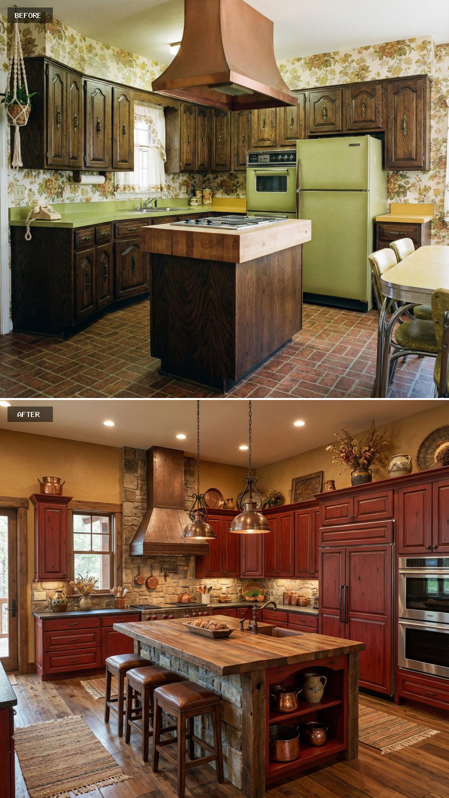 Design a $100,000 rustic red kitchen featuring deep red cabinets, a large island, aged wood, stone accents, and a cozy high-end feel.