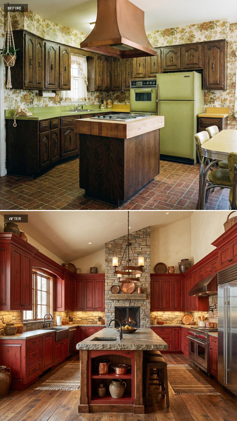 Create a luxury $100,000 rustic red kitchen with artisanal red cabinets, a grand island, natural stone, and rich wood grain details.