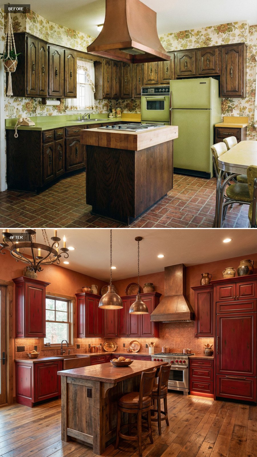 Design a high-end $100,000 rustic red kitchen showcasing deep crimson cabinetry, a rustic island, warm metals, and tactile finishes.