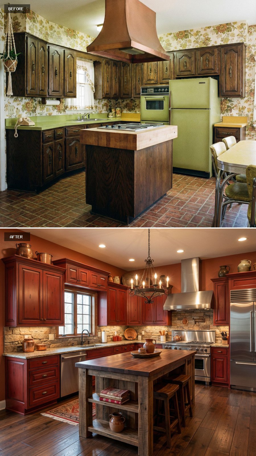 Generate a $100,000 rustic red kitchen with heritage-style red cabinets, a thick wood island, stone surfaces, and glowing ambient light.