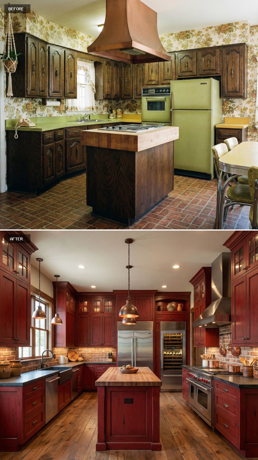 Create a $100,000 luxury rustic red kitchen emphasizing warmth, red cabinetry, a bold island, distressed wood, and refined craftsmanship.