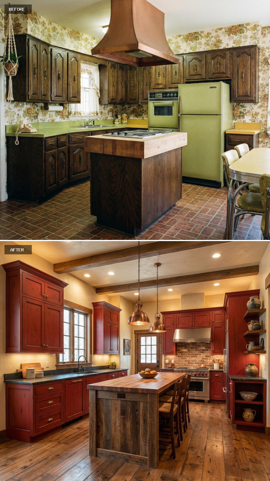 Design a rustic red $100,000 kitchen with dramatic red cabinets, a statement island, layered textures, and an inviting upscale atmosphere.