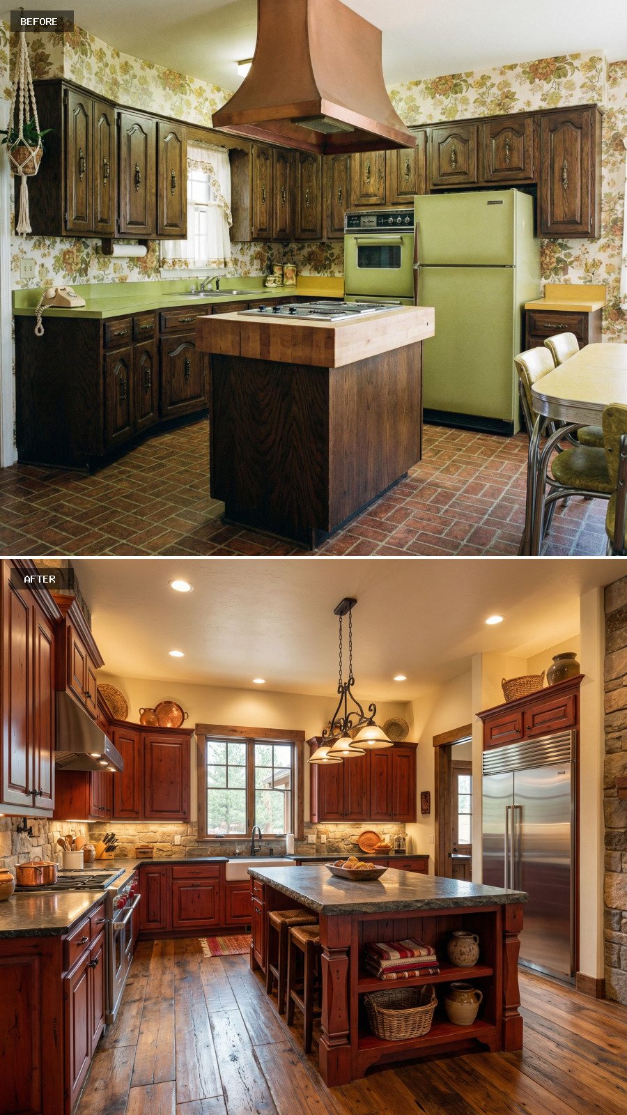 Create a $100,000 rustic red kitchen featuring hand-finished red cabinetry, a large island, stone and wood textures, and warm lighting.