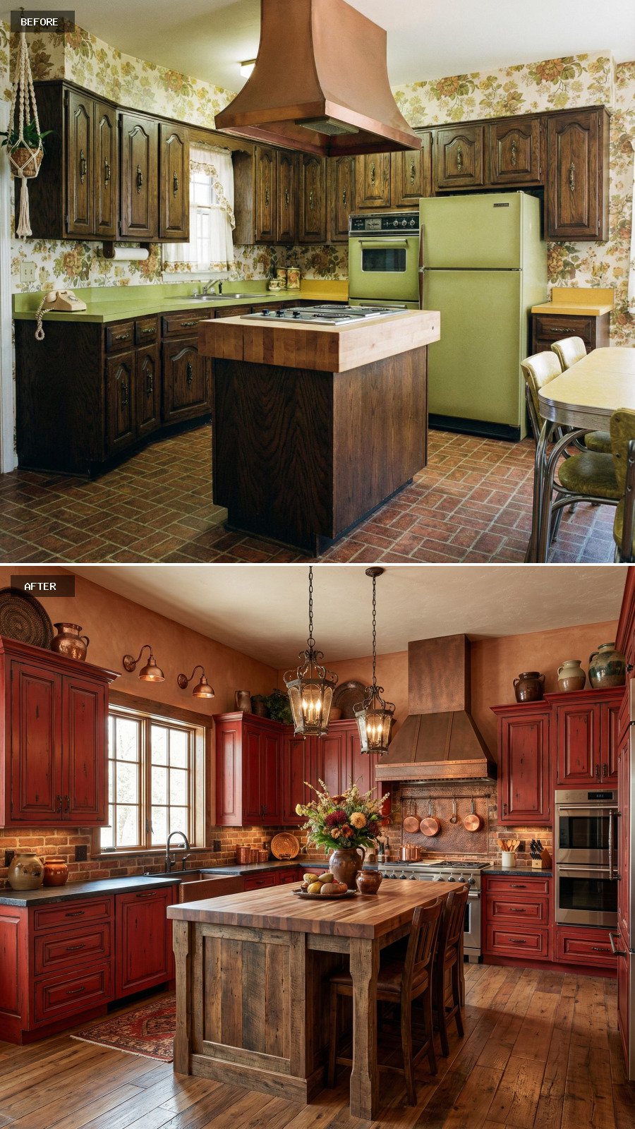 Design a luxury rustic red kitchen with $100,000 detail, bold red cabinets, a centerpiece island, aged finishes, and depth throughout.