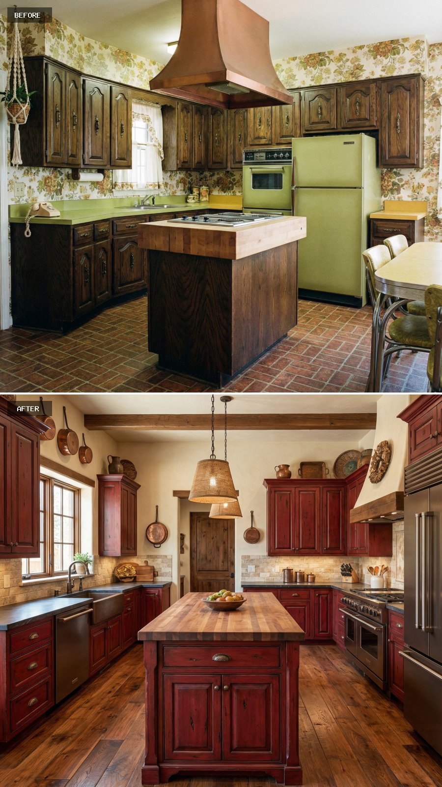 Generate a high-end rustic red kitchen with red-stained cabinetry, a thick island, organic textures, and a timeless warm aesthetic.