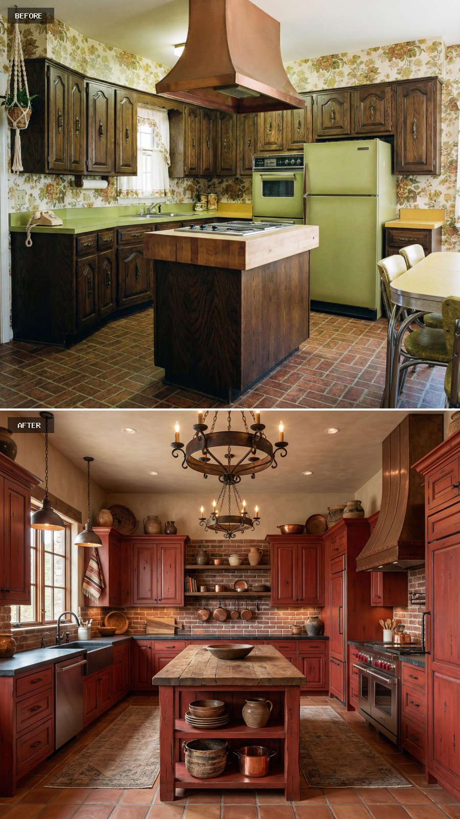Design a next-level luxury rustic red kitchen with handcrafted red cabinetry, a dramatic island, natural textures, and cozy sophistication.
