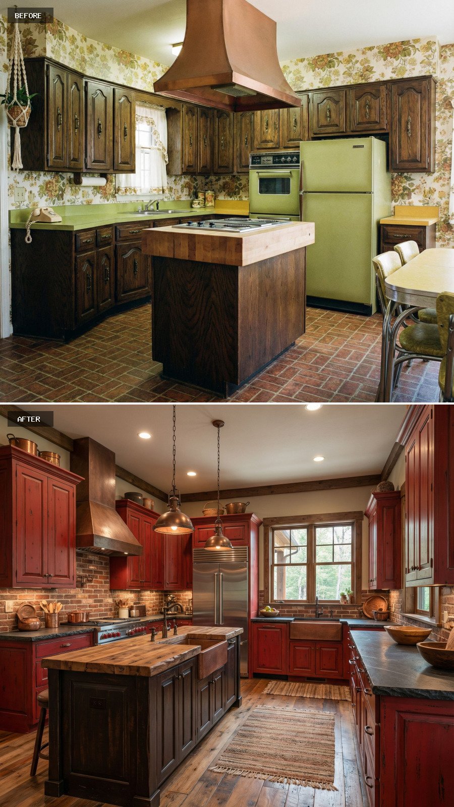 Generate a $100,000 rustic red kitchen emphasizing warmth, depth, red cabinetry, a bold island, and artisanal materials.