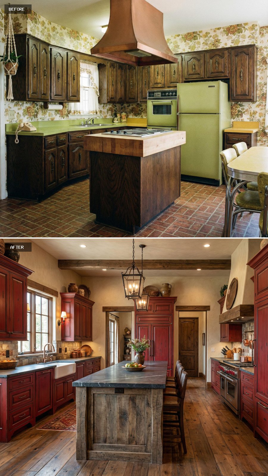 Create a luxury $100,000 rustic red kitchen with deep red cabinets, a substantial island, weathered wood, and refined rustic charm.