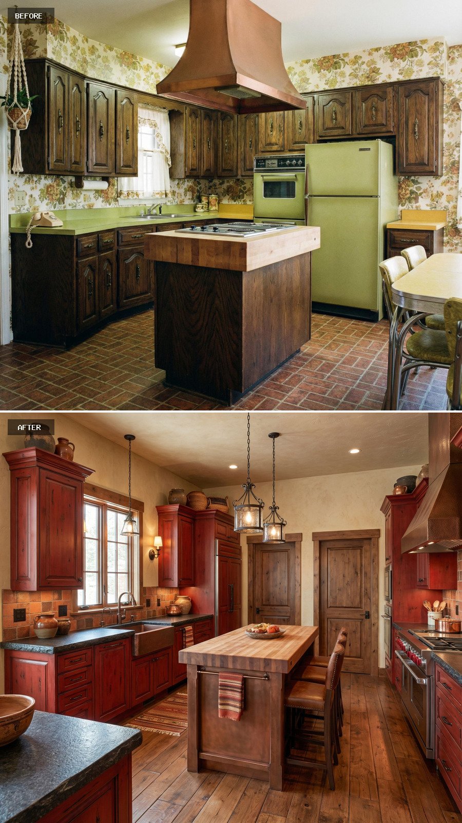 Design a rustic red kitchen with $100,000 finishes, rich red tones, a statement island, textured surfaces, and inviting warmth.