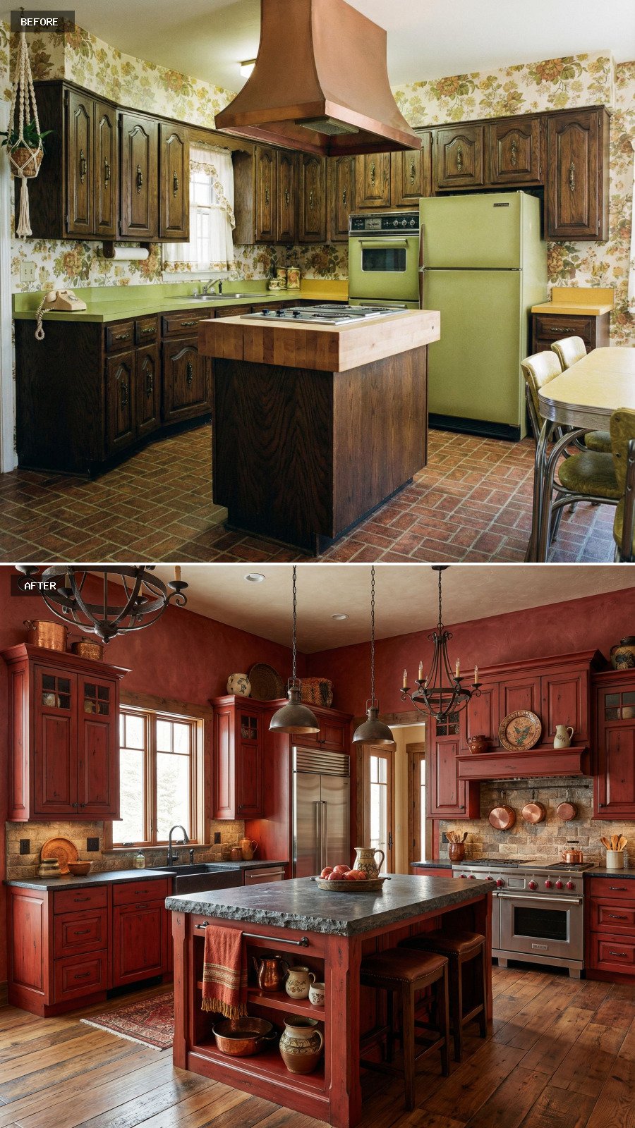 Create a $100,000 rustic red kitchen with luxurious red cabinets, a large island, stone textures, and a cozy elevated feel.