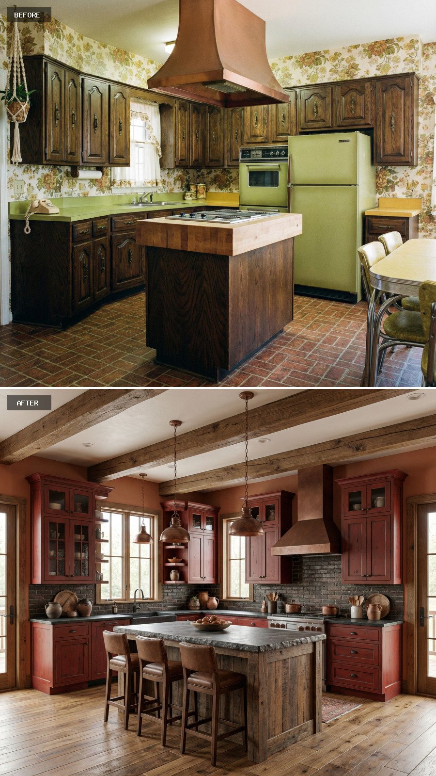 Design a next-level rustic red kitchen with deep red cabinetry, a bold island, natural materials, and stunning attention to detail.