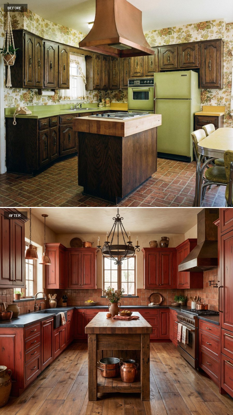 Create a high-end rustic red kitchen featuring artisanal red cabinetry, a heavy island, warm metals, and tactile finishes.