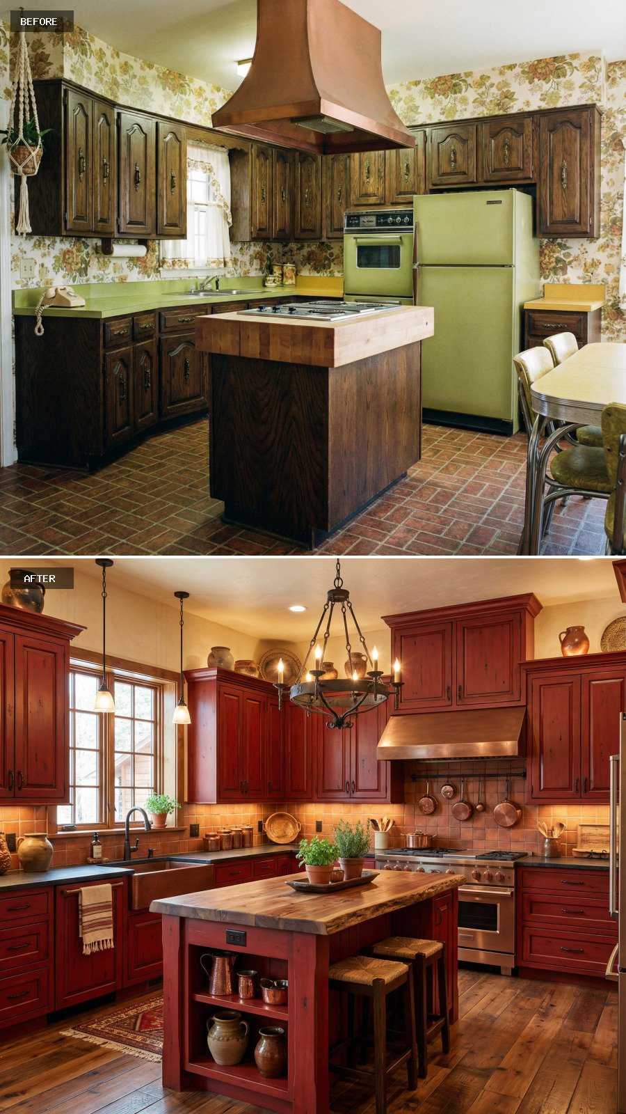 Design a $100,000 rustic red kitchen with dramatic red cabinetry, a statement island, organic textures, and glowing warmth.