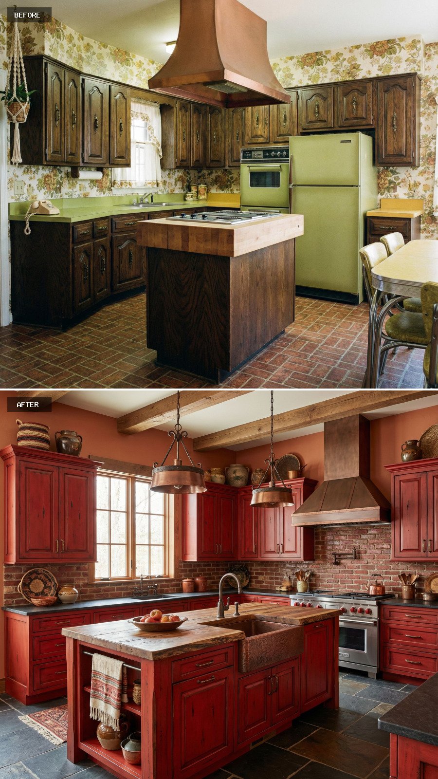 Generate a next-level $100,000 rustic red kitchen with bold red cabinets, a grand island, layered materials, and refined rustic luxury.