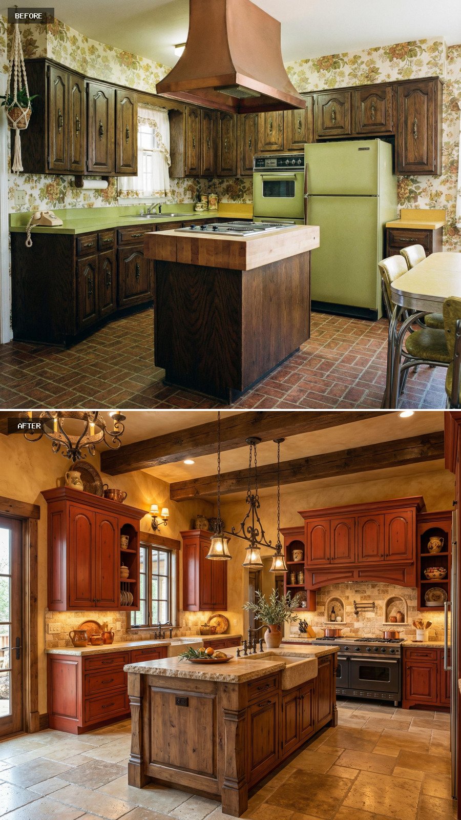 Create a $100,000 luxury Tuscan rustic red kitchen with deep terracotta-red cabinetry, a substantial rustic island, tumbled stone surfaces, arched details, aged wood beams, wrought iron accents, and warm golden lighting that evokes old-world Italian elegance and craftsmanship.