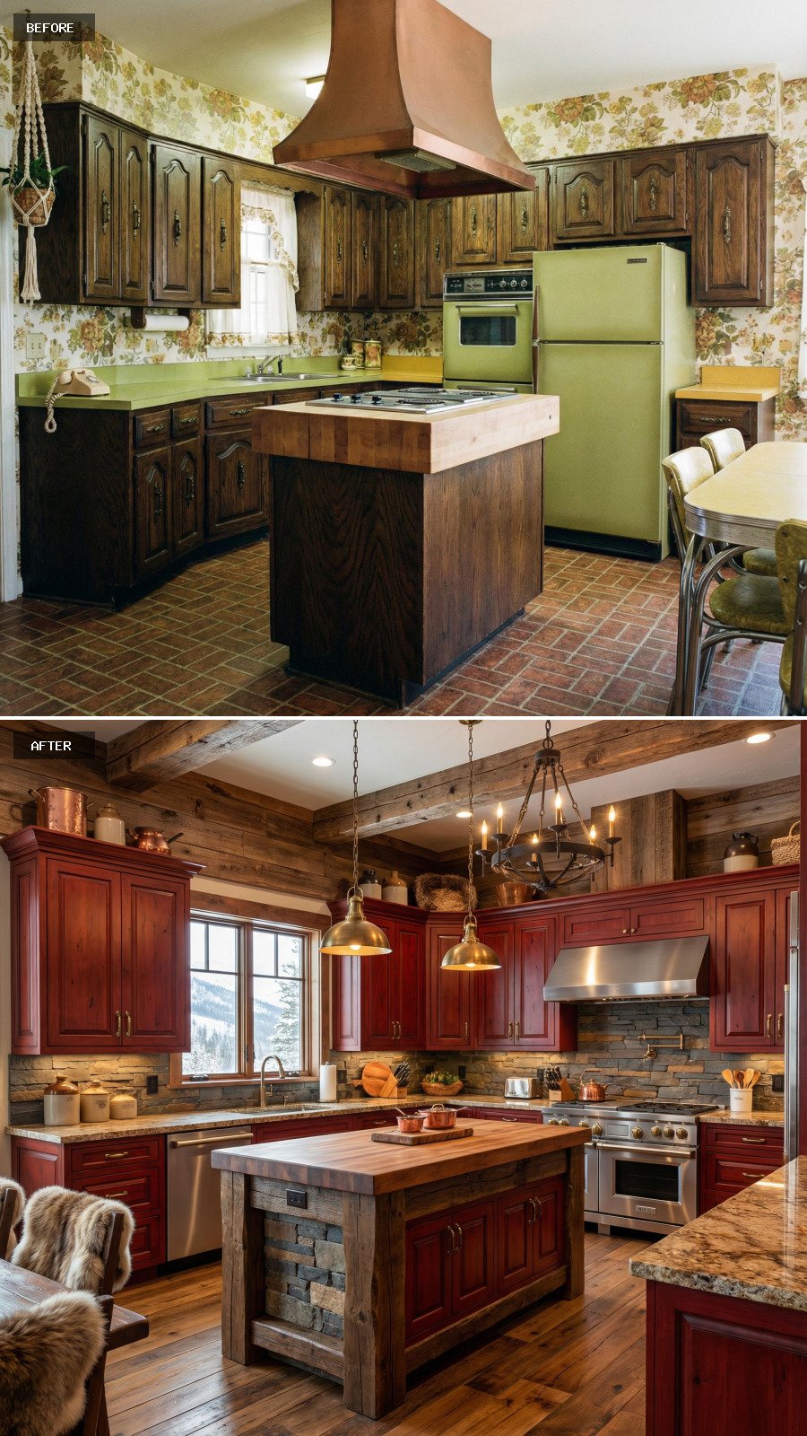 Create a $100,000 luxury alpine chalet rustic red kitchen featuring rich red-stained cabinetry, a heavy wood island, exposed timber textures, natural stone accents, soft brass hardware, and warm layered lighting that feels cozy, refined, and mountain-inspired.