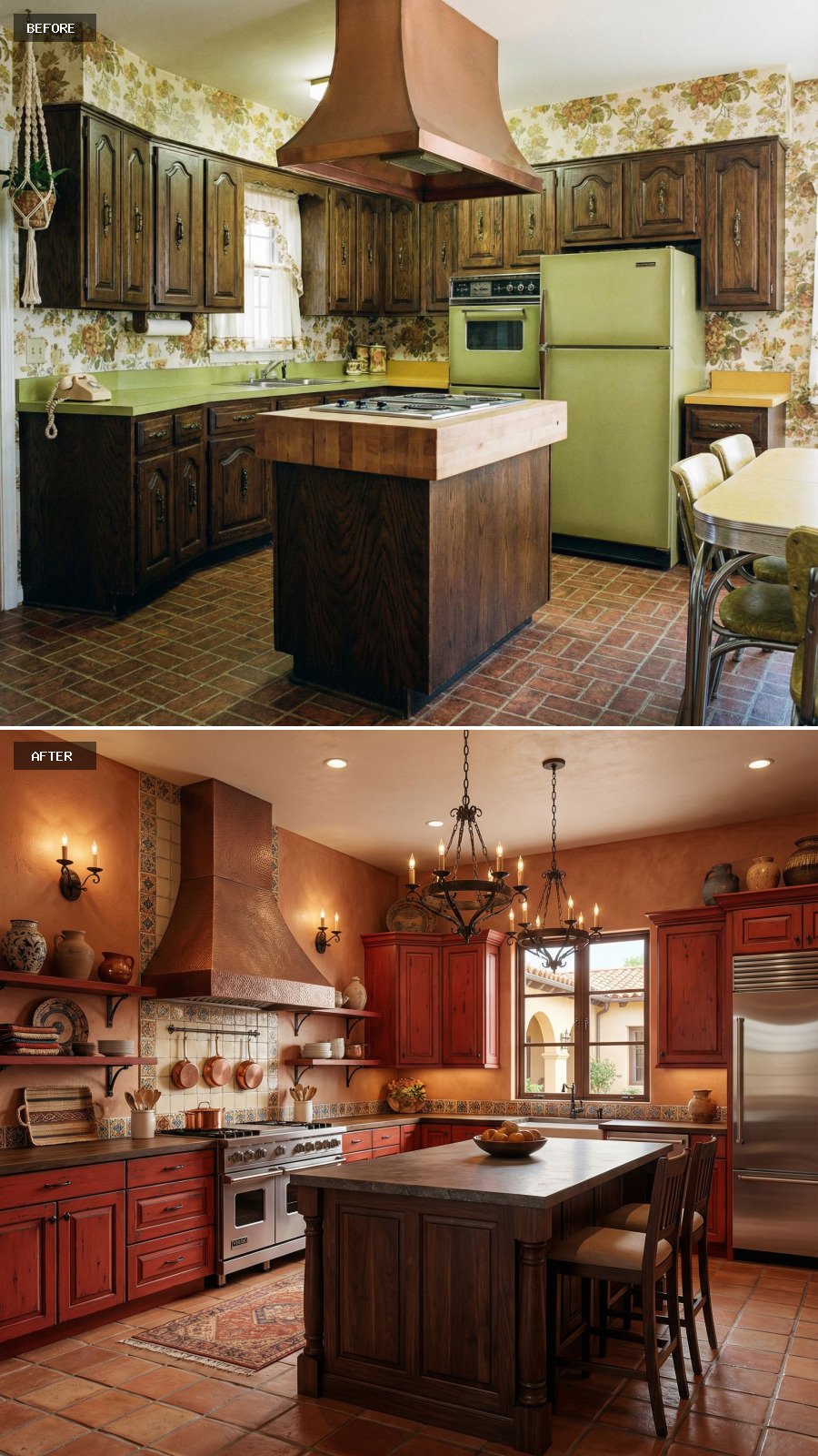 Create a $100,000 luxury Spanish revival rustic red kitchen with bold red cabinetry, a commanding island, textured plaster walls, hand-painted tile accents, dark wood details, warm metals, and dramatic yet inviting lighting for a rich, heritage-driven rustic aesthetic.