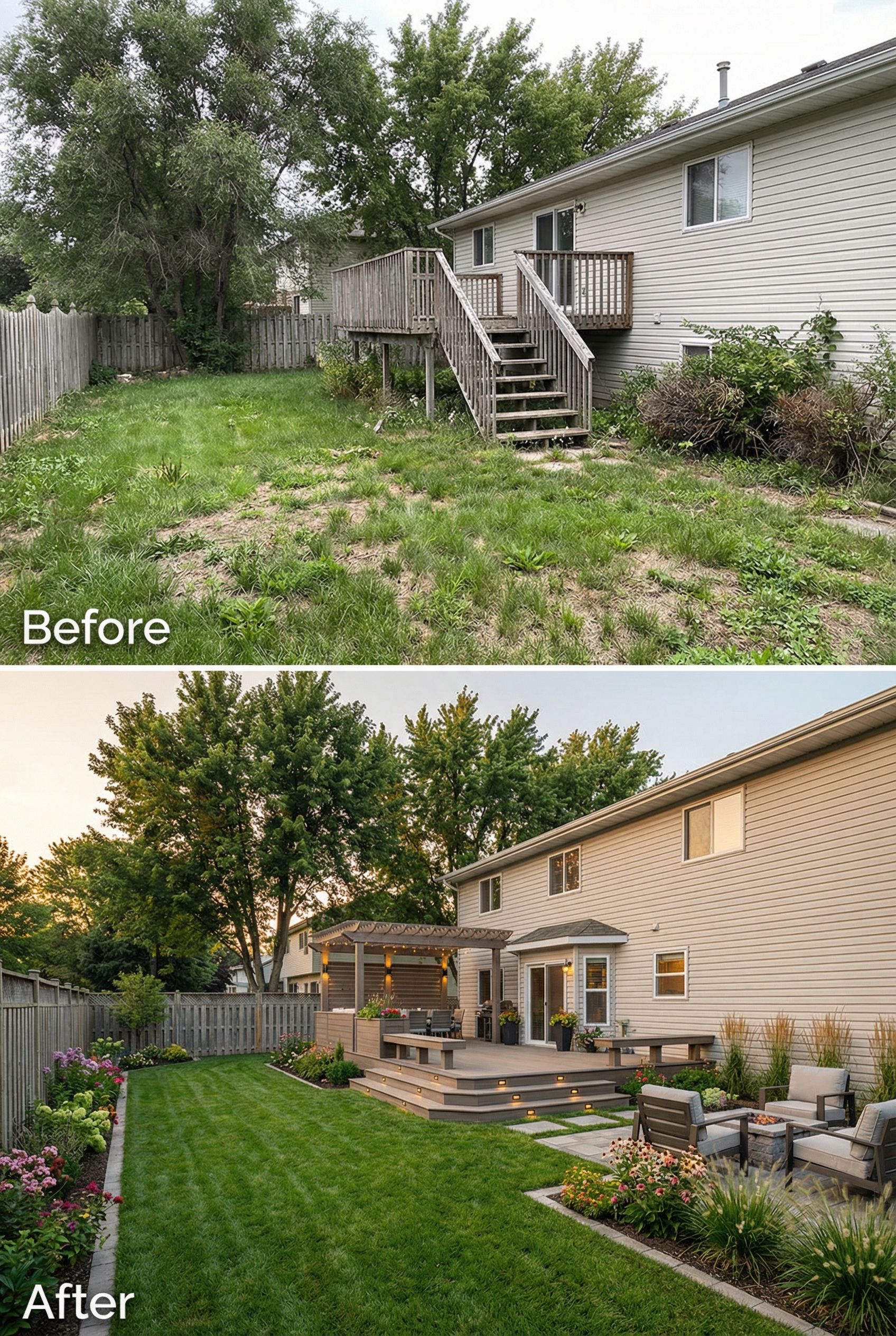 Narrow backyard deck expanded into a wide multi-tiered social hub