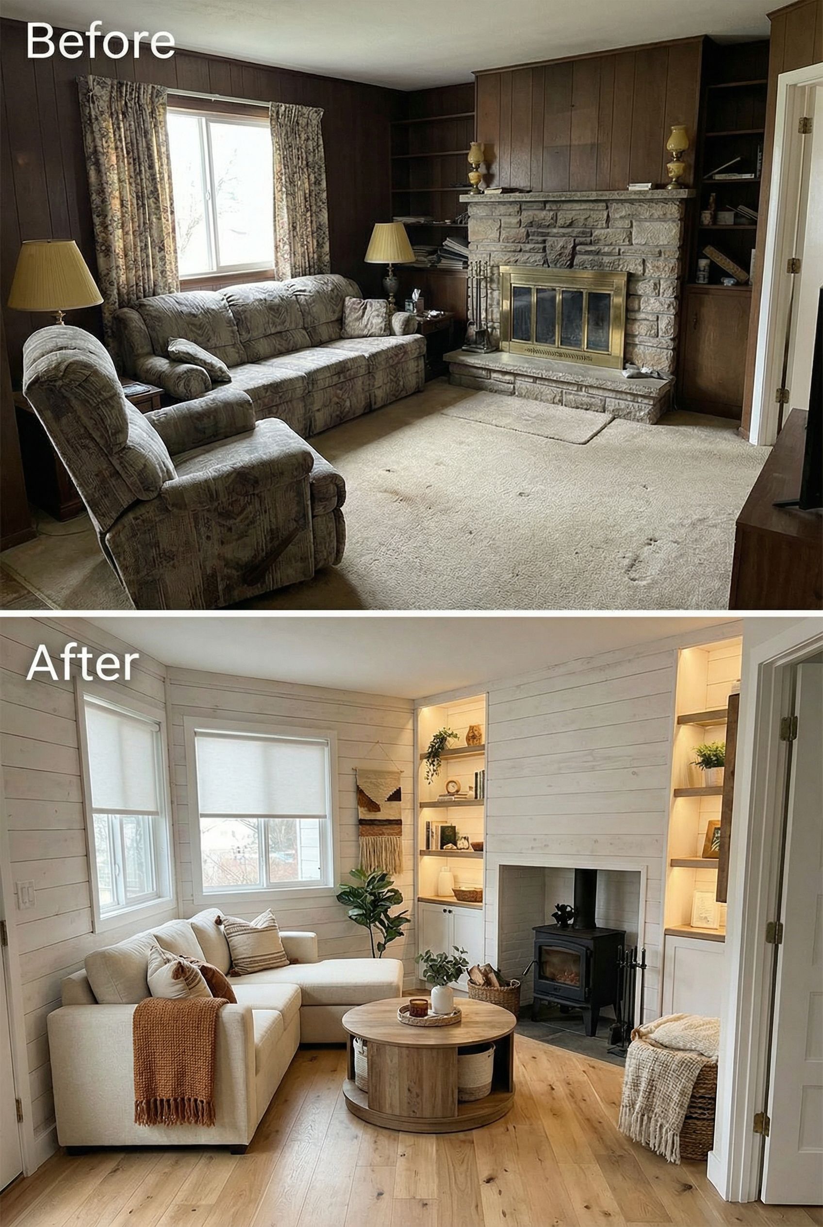 Narrow Dated Living Room to Chalet Rustic Style with Thoughtful Reconfiguration