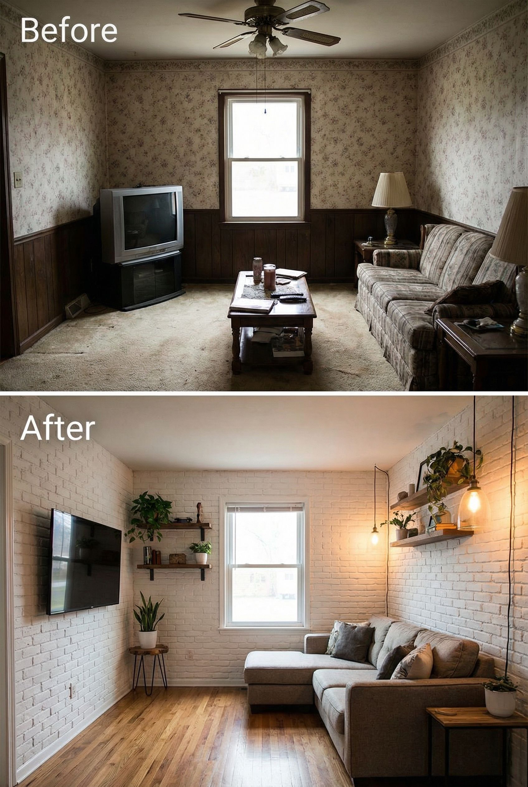 Narrow Dated Living Room to Cozy Rustic Look with Space-Saving Furniture Placement