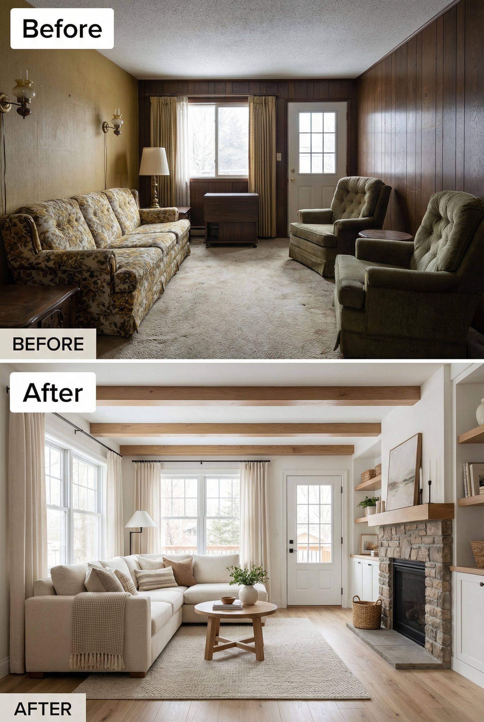 Narrow Small Living Room to Rustic Cozy Layout Using Space-Saving Built-Ins