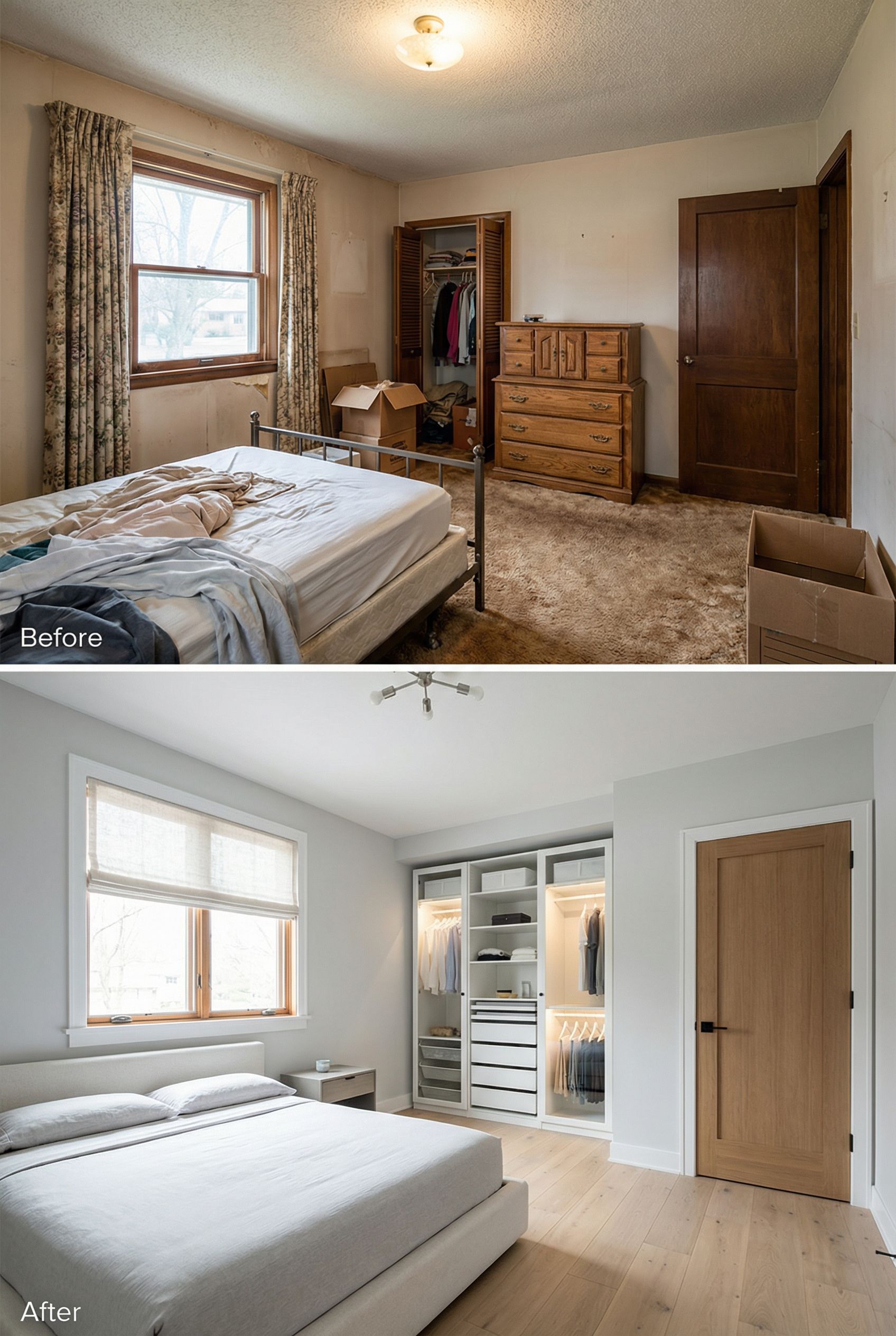 Narrow Walk-In → Open Shelving with Built-In Vanity