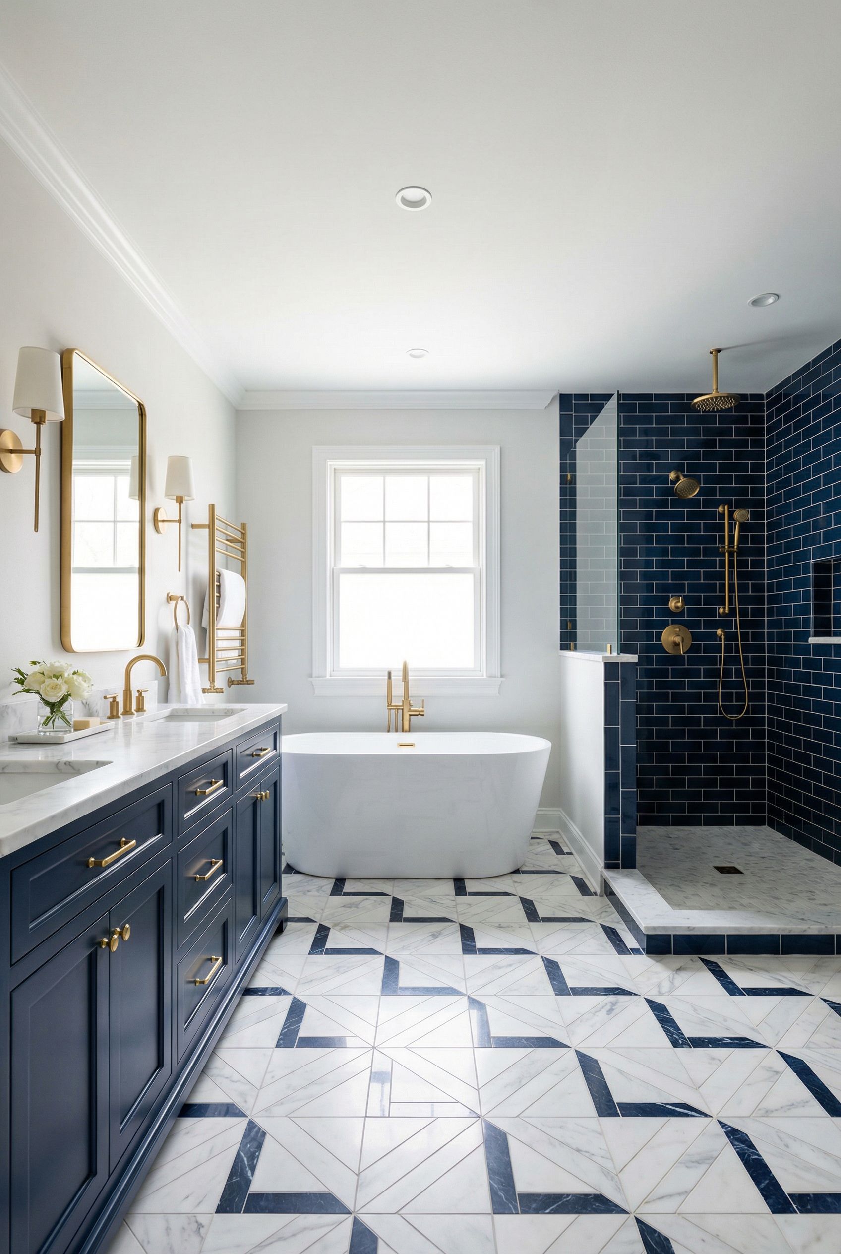 Navy Blue and Brass Primary Bathroom
