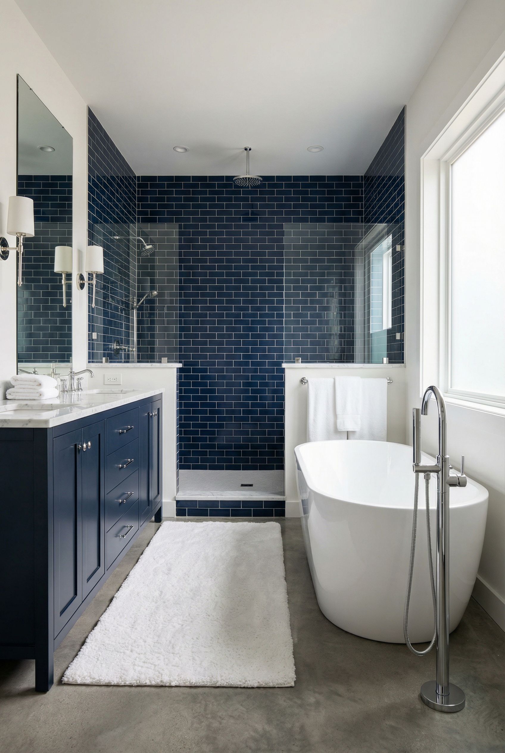 Navy Blue and Chrome Primary Bathroom