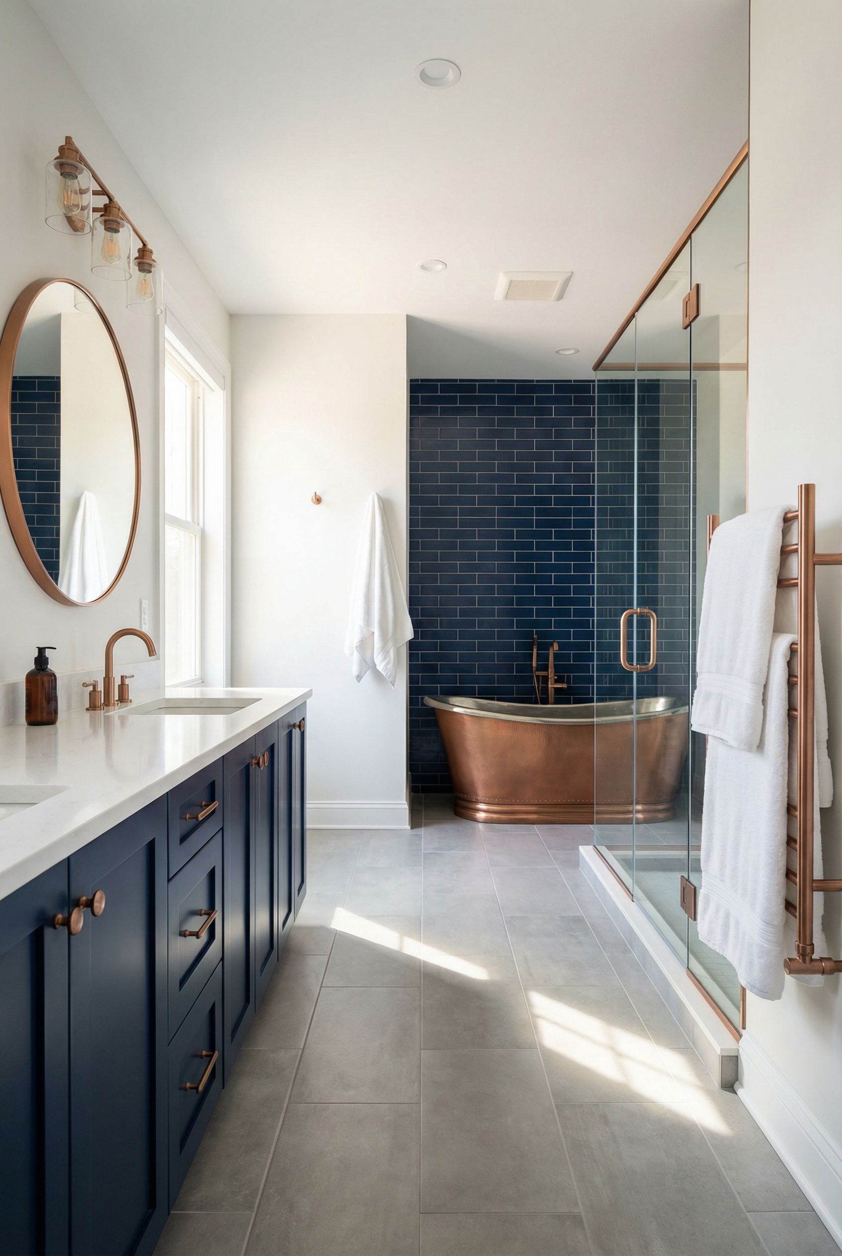 Navy Blue and Copper Primary Bathroom