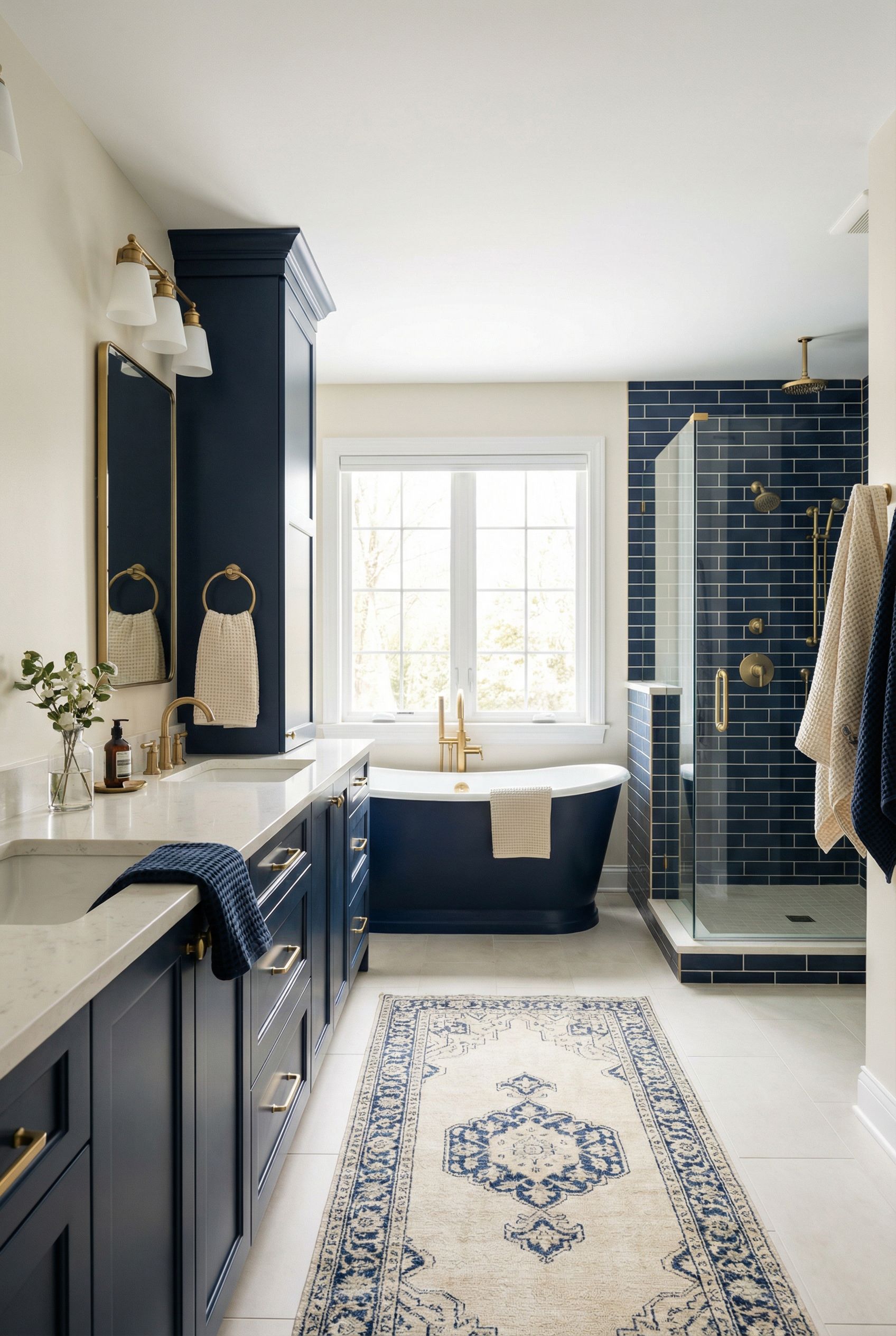 Navy Blue and Cream Primary Bathroom