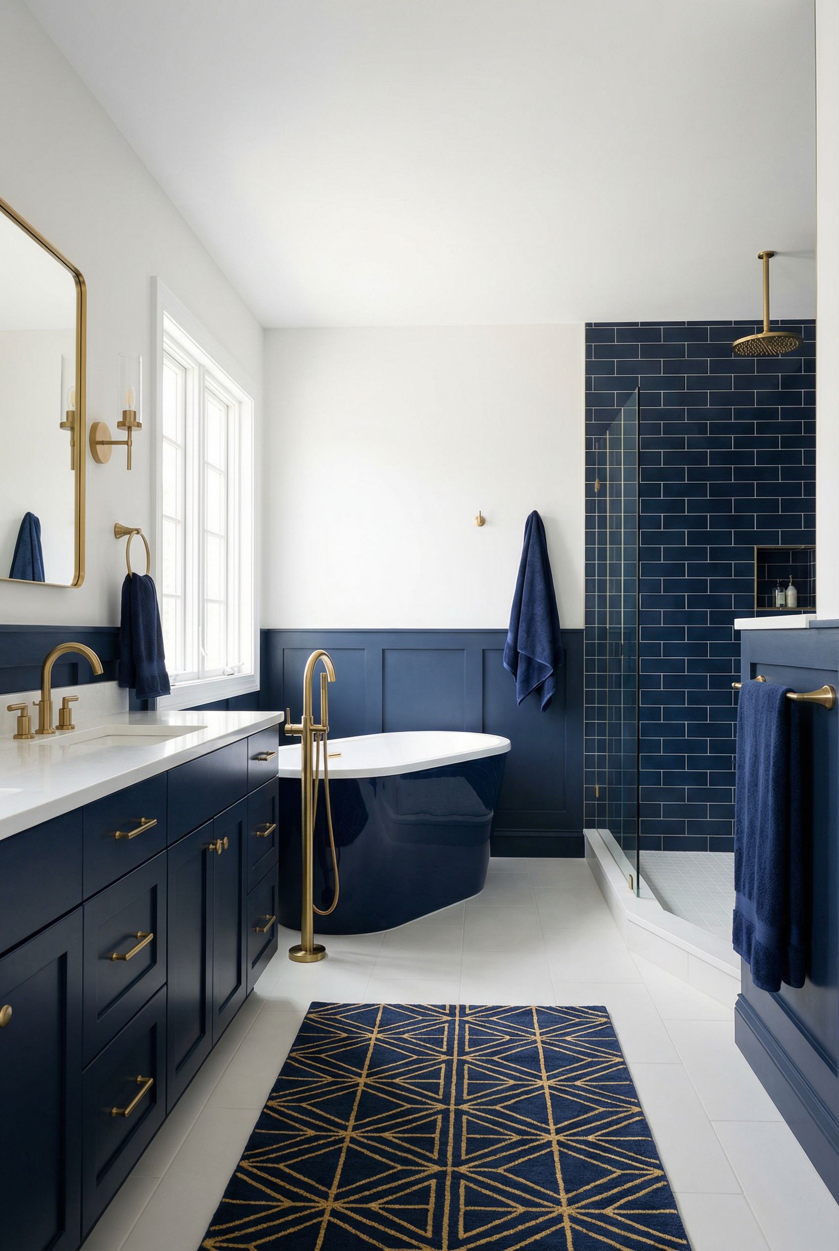 Navy Blue and Gold Primary Bathroom