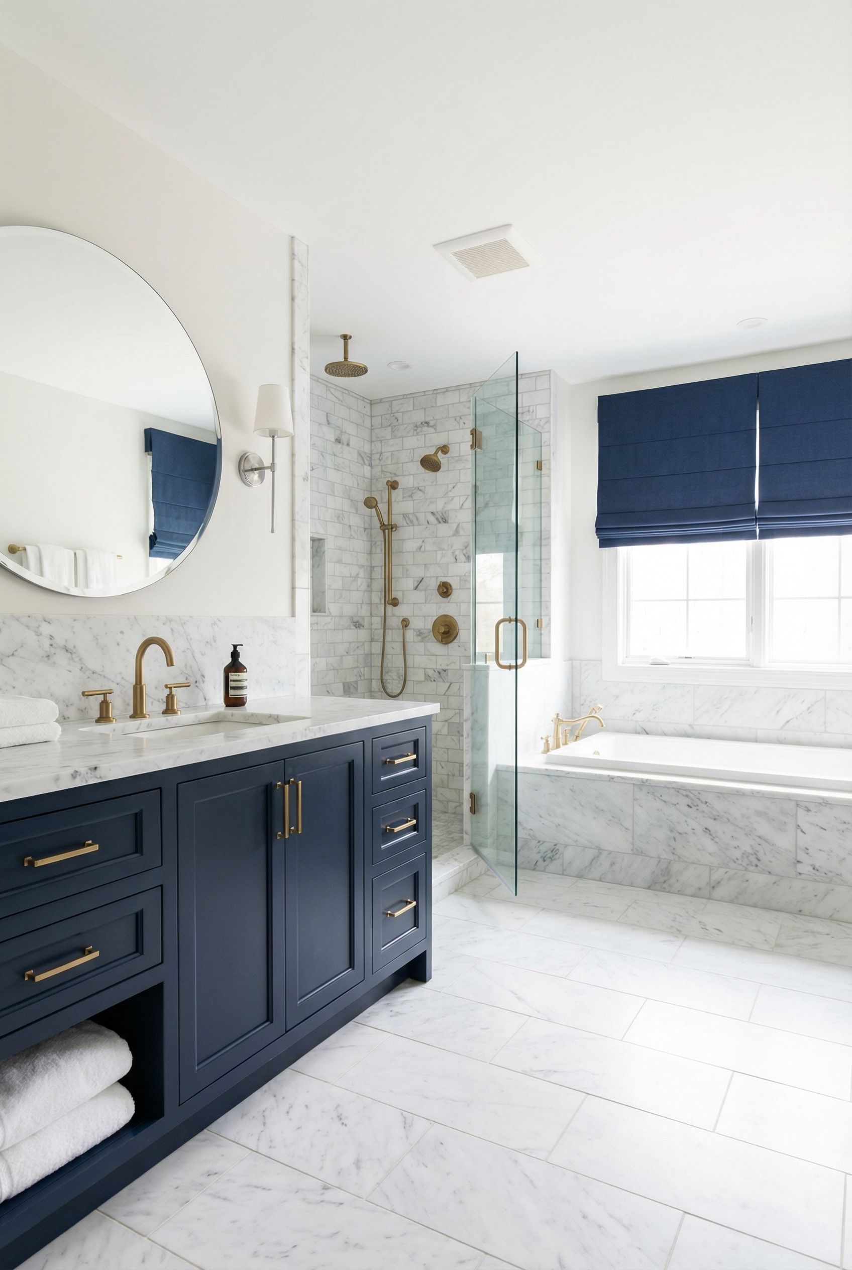 Navy Blue and Marble Primary Bathroom