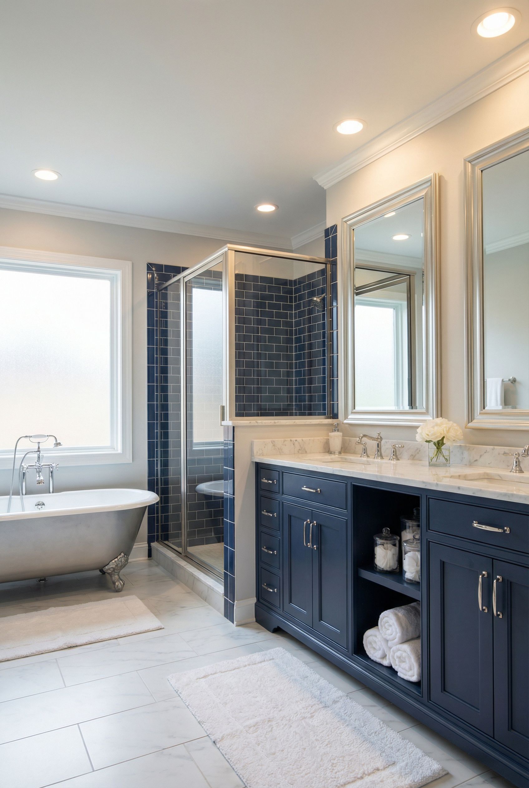 Navy Blue and Silver Primary Bathroom