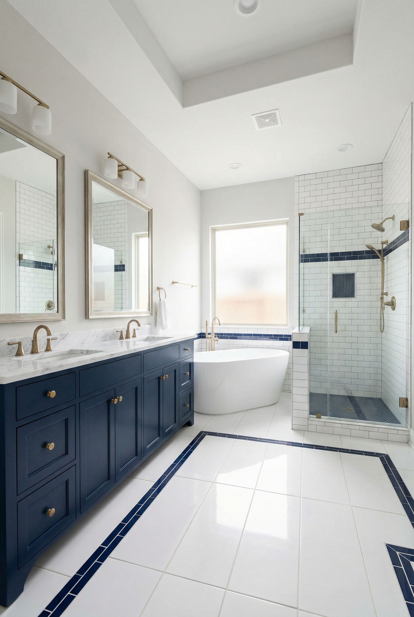 Navy Blue and White Primary Bathroom
