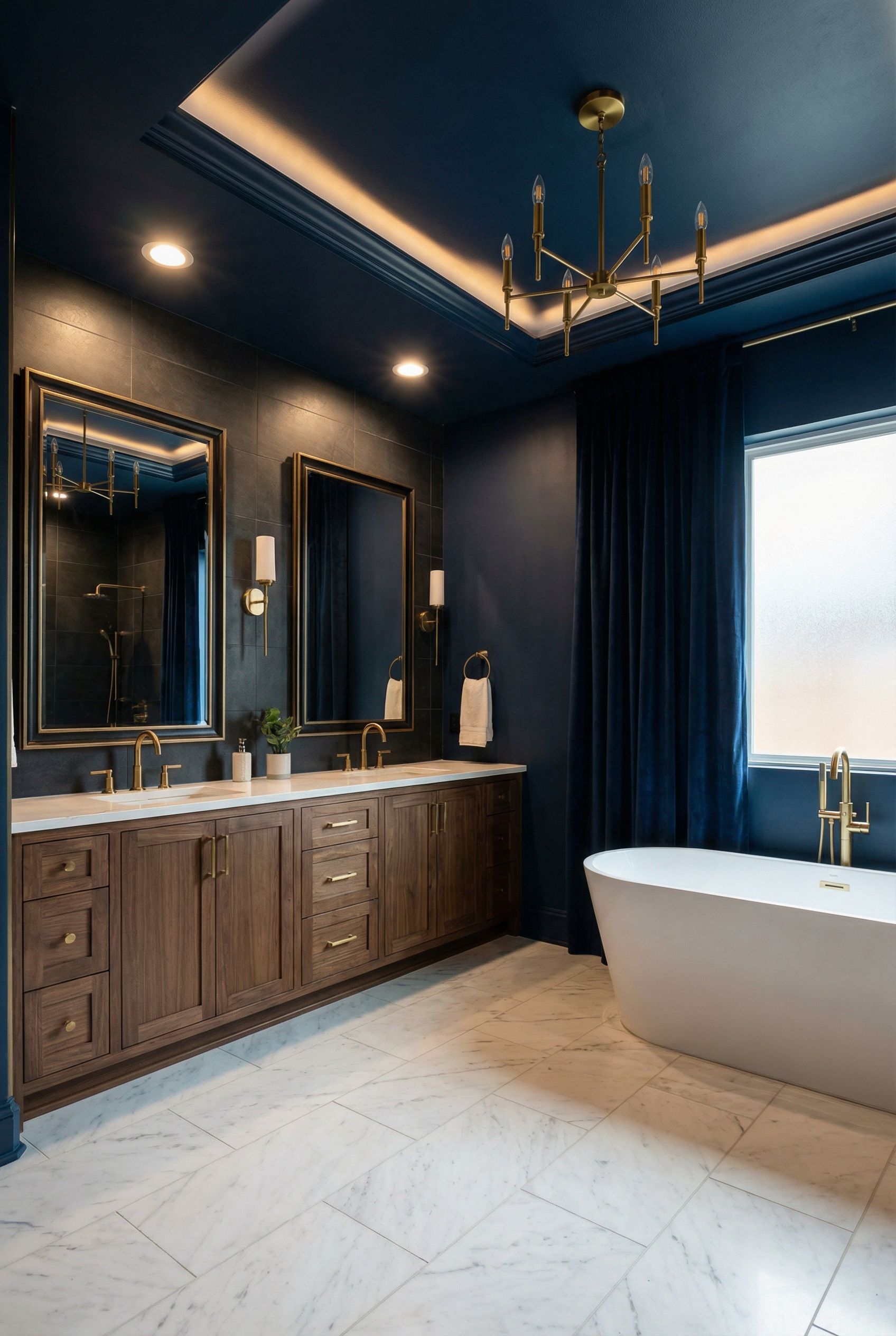 Navy Blue Ceiling Primary Bathroom Drama