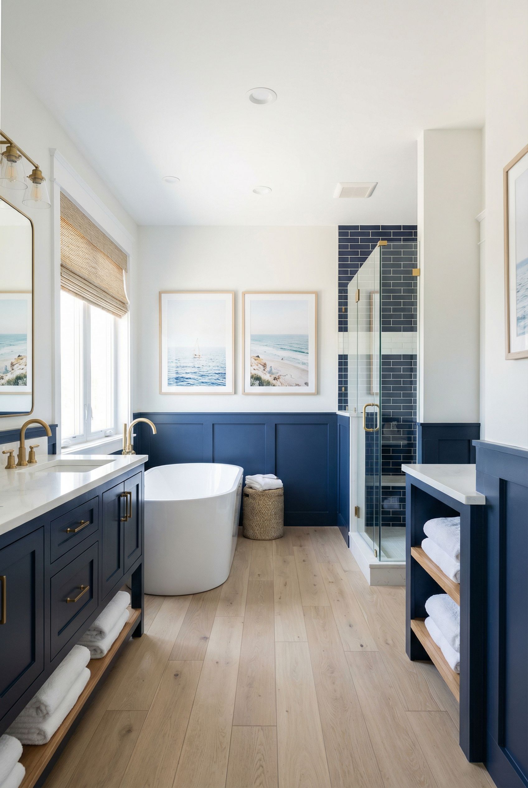 Navy Blue Coastal Primary Bathroom Design