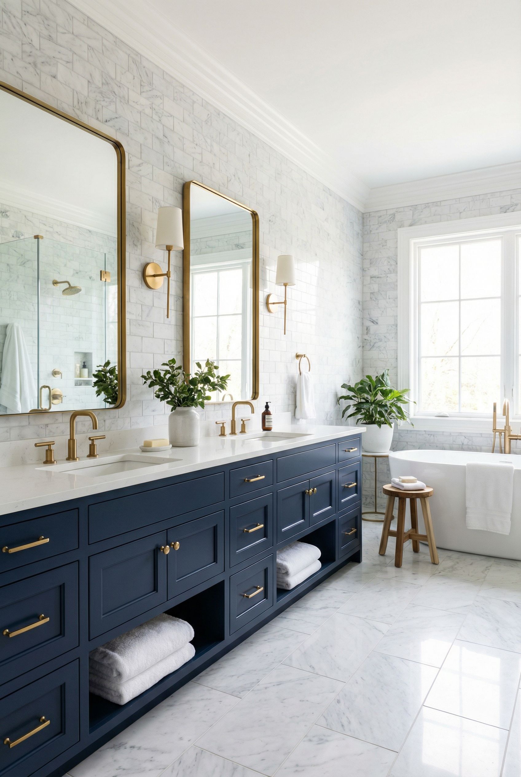 Navy Blue Double Vanity Primary Bathroom