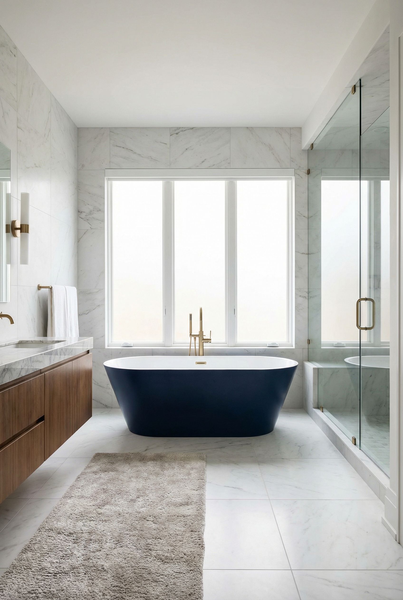 Navy Blue Freestanding Tub Primary Bathroom