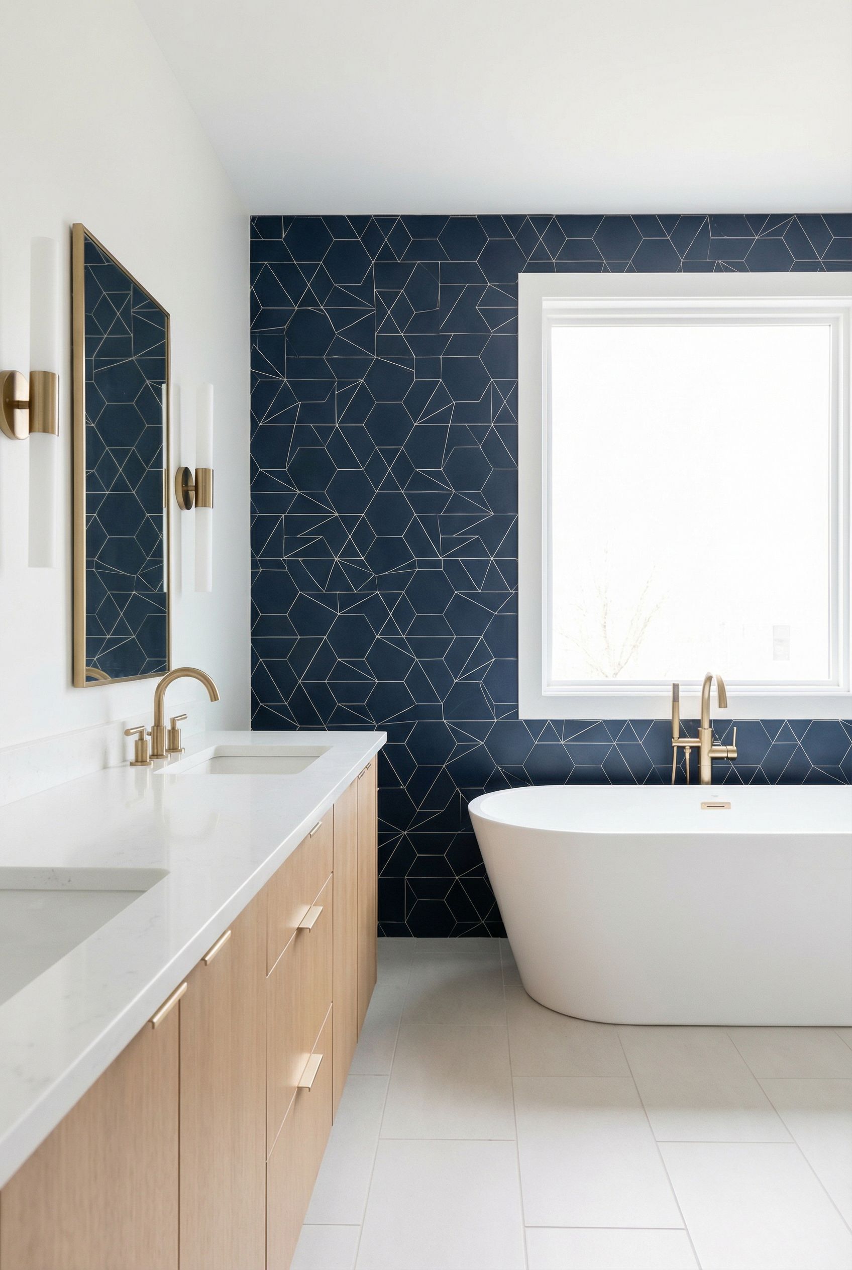 Navy Blue Geometric Tile Primary Bathroom